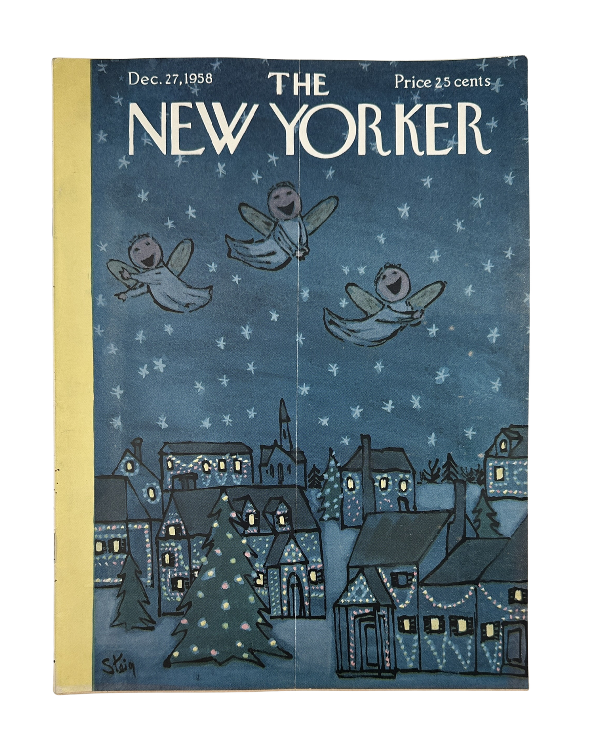 The New Yorker Magazine December 27, 1958 Christmas William Steig Cover featuring flying angels above a snow-covered village at night with illuminated houses and a decorated Christmas tree