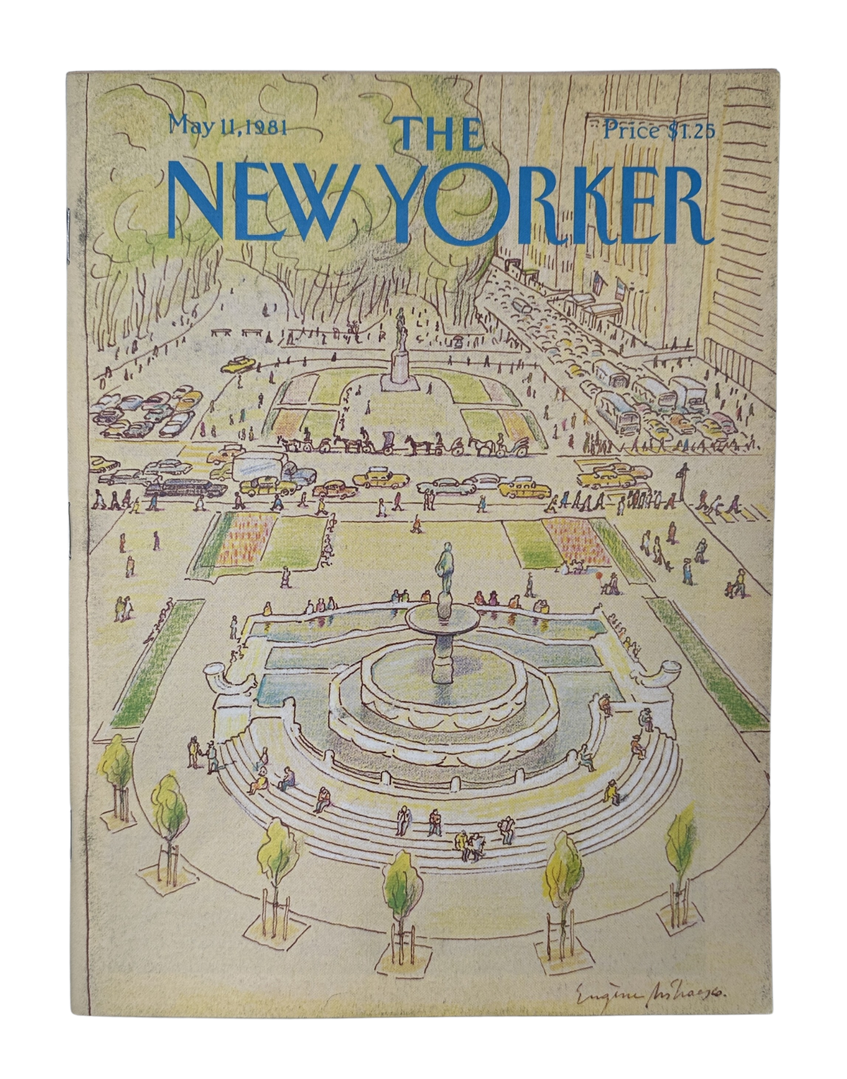 The New Yorker Magazine May 11, 1981 City Fountain Plaza Eugène Mihaesco Cover VG, featuring the illustrated New Yorker cover with a city plaza, central fountain, gardens, and tennis courts.