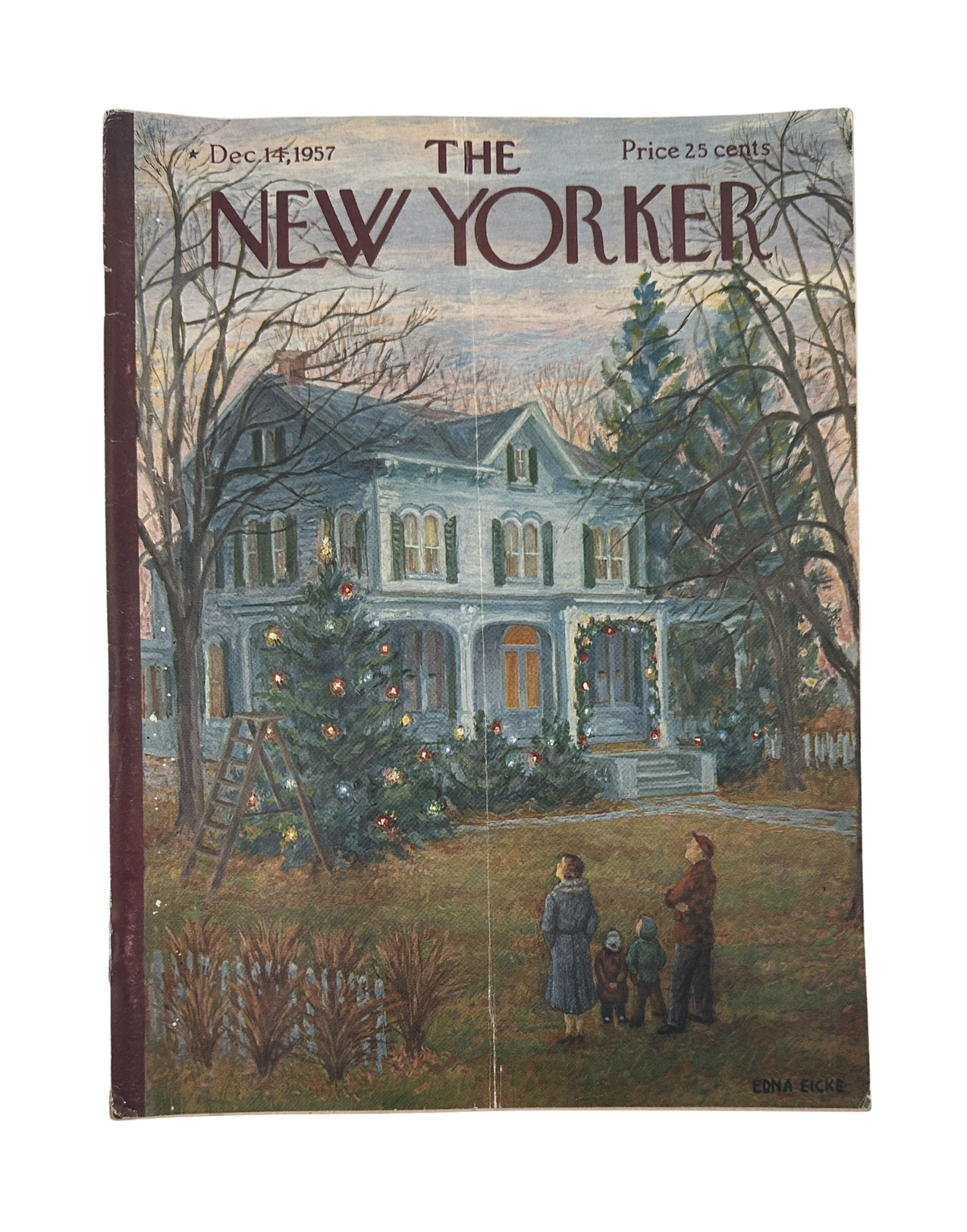 The New Yorker Magazine December 14, 1957 Family Christmas Tree Edna Eicke Cover featuring a decorated Christmas tree and family outside a snowy holiday home