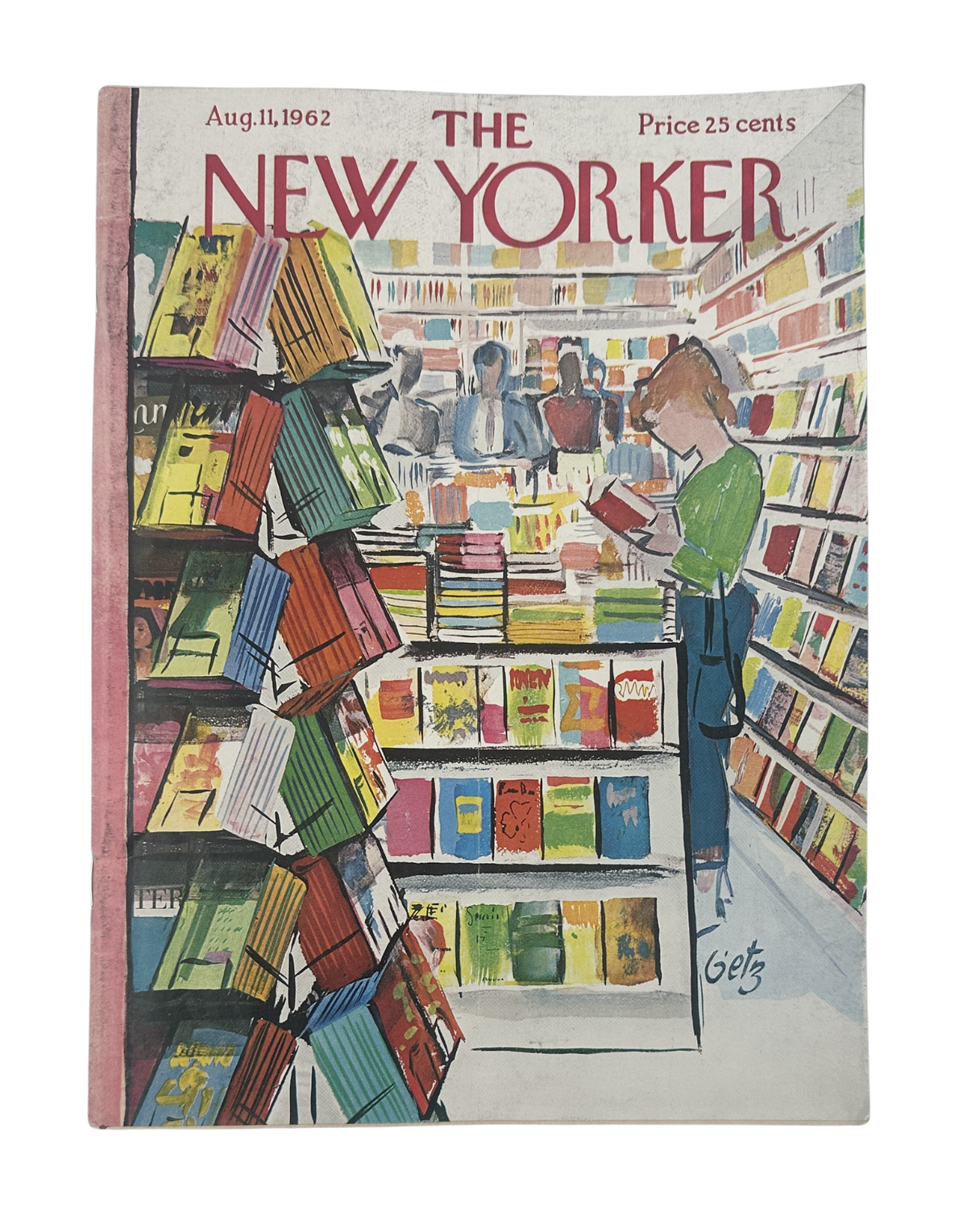 The New Yorker Magazine August 11, 1962 Bookstore Reading Arthur Getz Cover, featuring an illustrated bookstore interior with customers browsing books and colorful bookshelves.