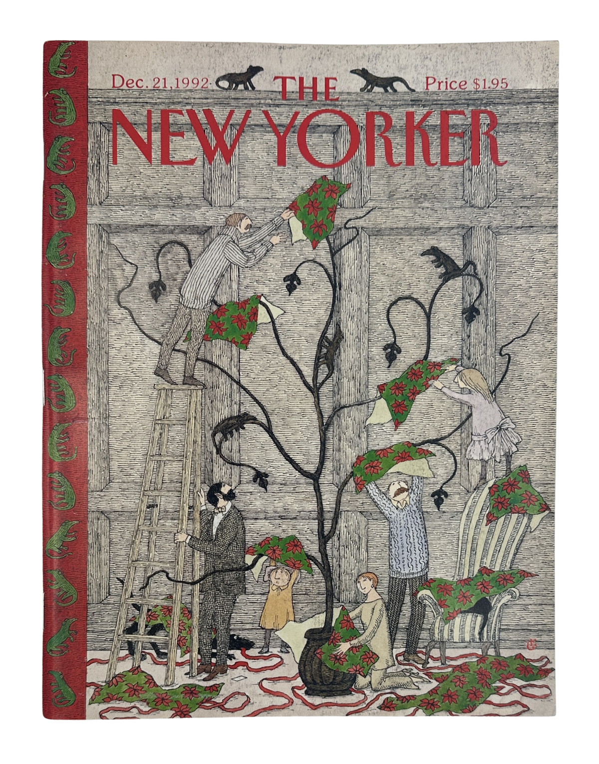 The New Yorker Magazine December 21, 1992 Christmas Tree Decorating Edward Gorey Cover, illustrated holiday scene with people decorating a whimsical tree in a snowy forest