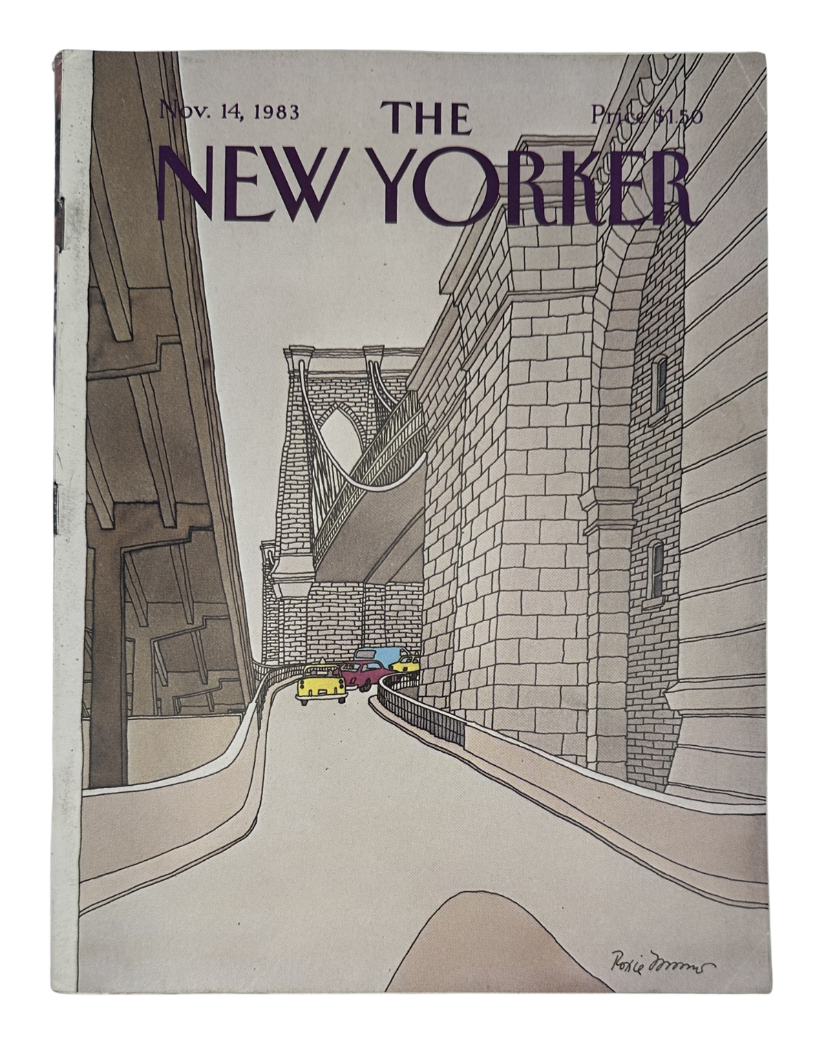 The New Yorker Magazine November 14, 1983 Bridge Traffic Roxie Munro Cover, vintage magazine front cover showing a stylized bridge traffic scene with cars and brick buildings