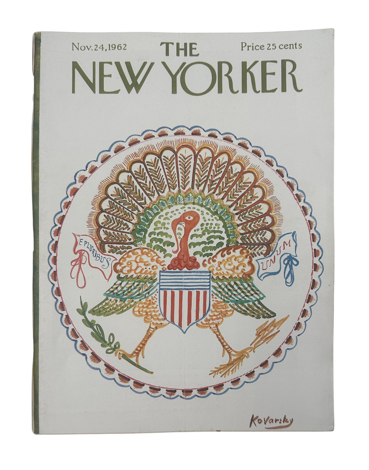 The New Yorker Magazine November 24, 1962 Thanksgiving Peacock Anatol Kovarsky Cover featuring a colorful peacock and American shield illustration.