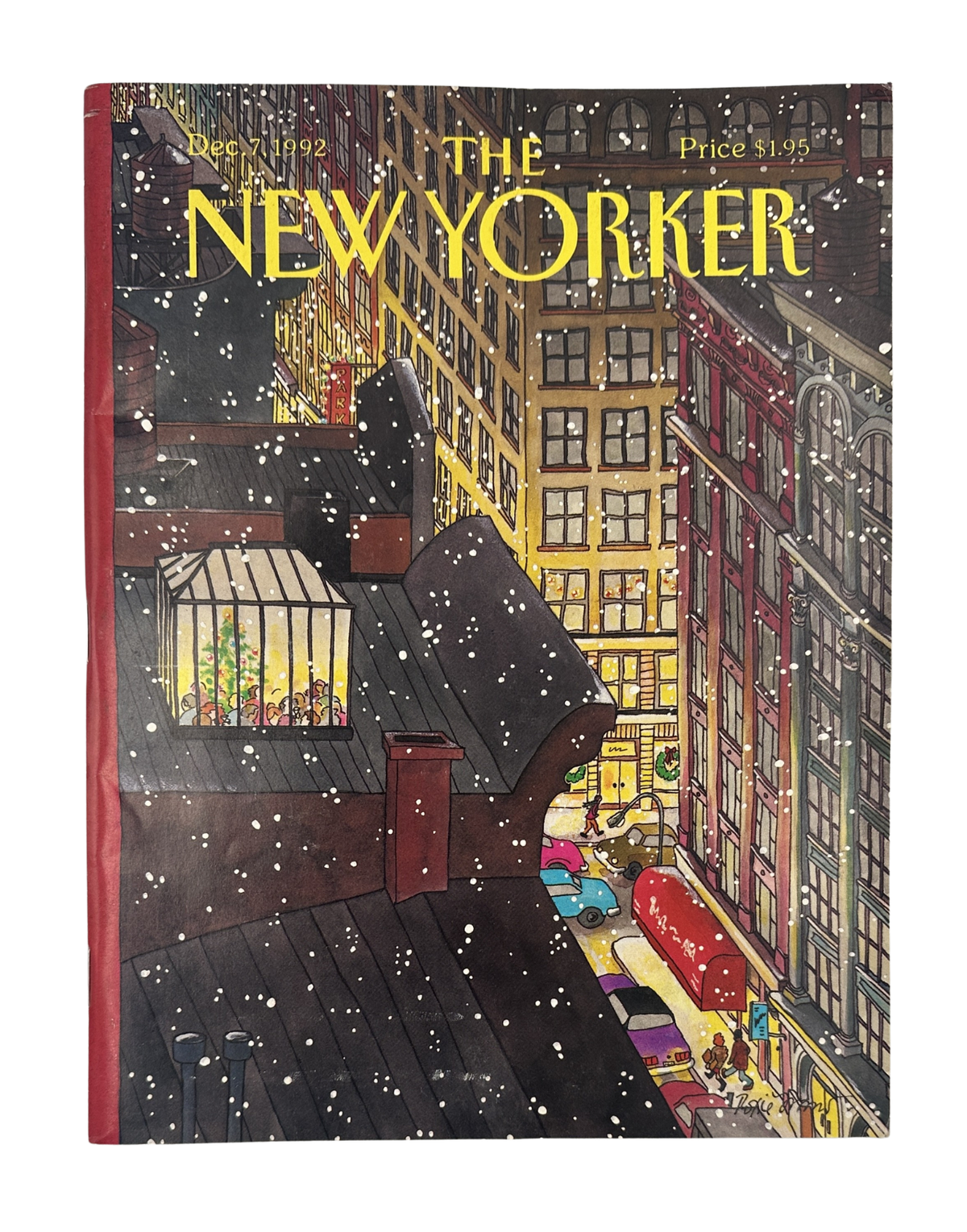 The New Yorker Magazine December 7, 1992 Snowy City Rooftop Holiday Roxie Munro Cover, illustrated front cover showing snow-covered Manhattan rooftops and city buildings