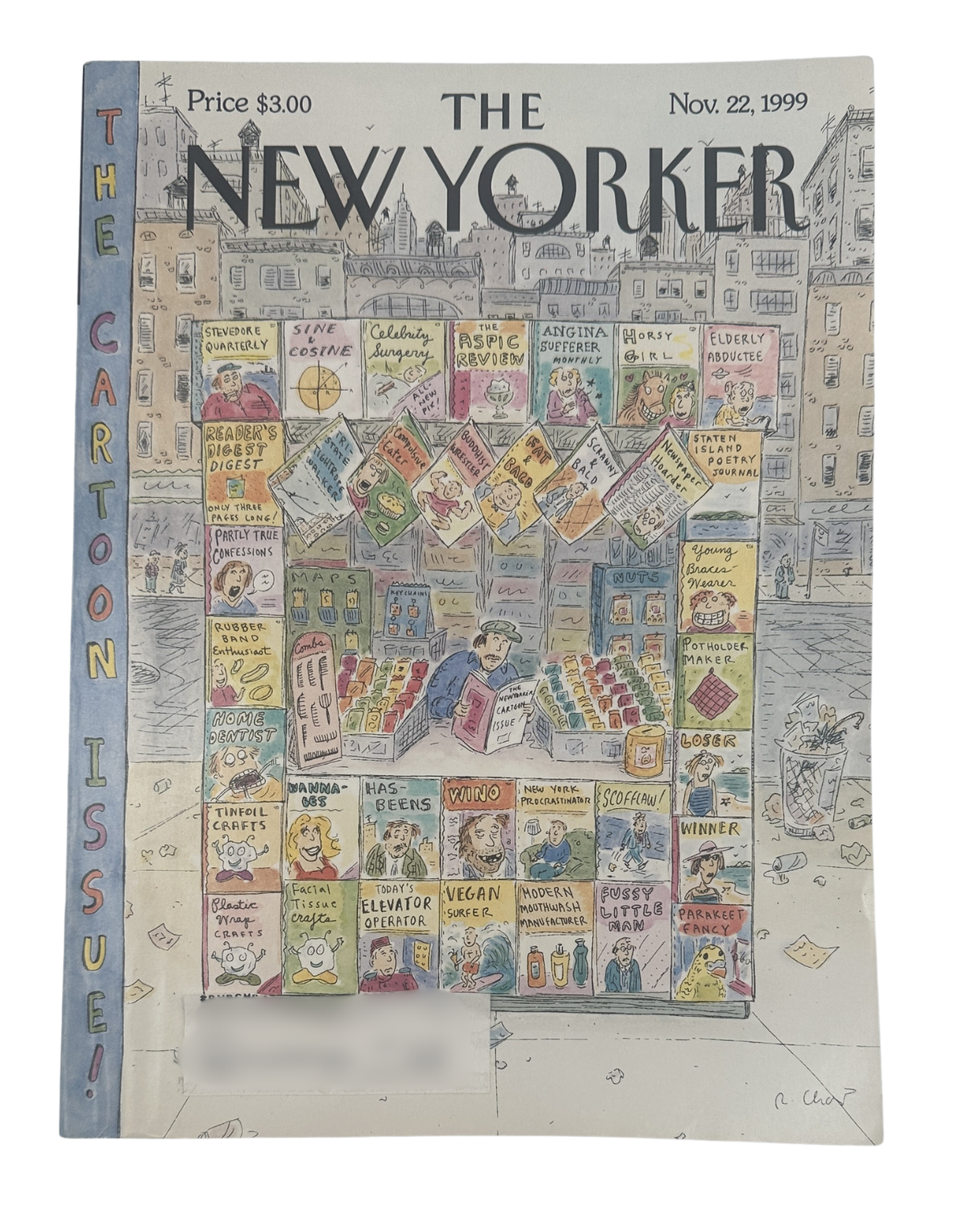 The New Yorker Magazine November 22, 1999 Cartoon Newsstand Roz Chast Cover VG, featuring Roz Chast's illustrated "Something for Everyone" cover with a colorful cartoon newsstand display.