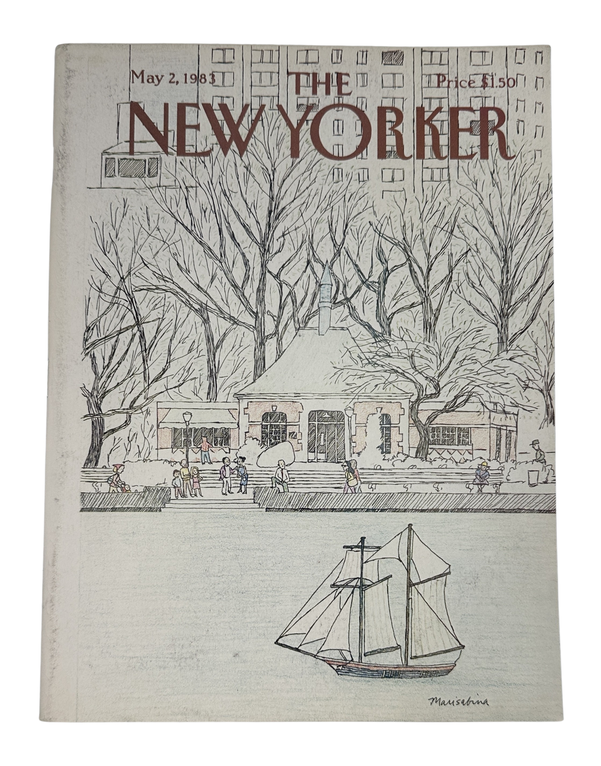 The New Yorker Magazine May 2, 1983 Sailboat Park Marisabina Russo Cover featuring a sailboat in a park scene with trees, buildings, and The New Yorker masthead