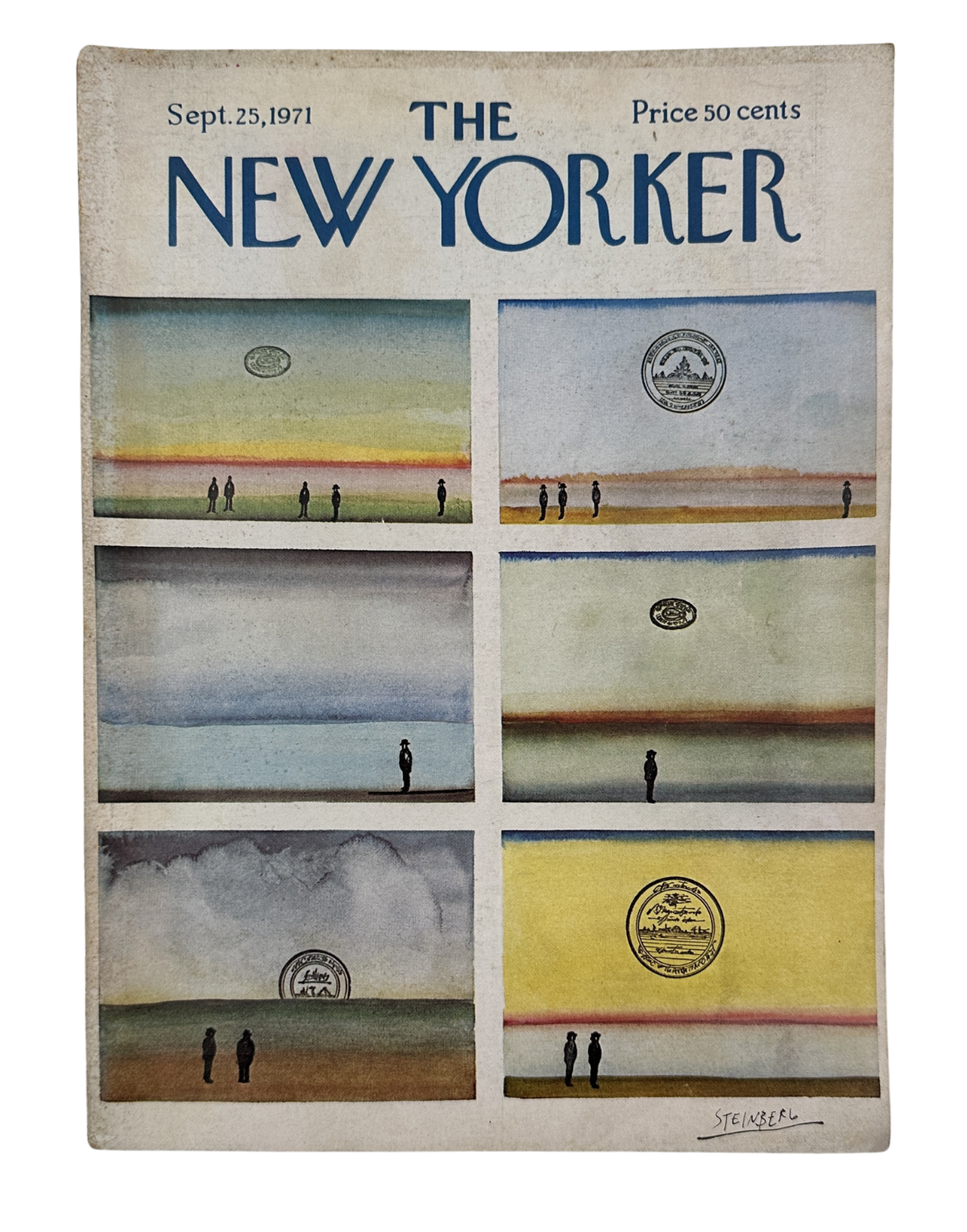 The New Yorker Magazine September 25, 1971 Coins in Sky Saul Steinberg Cover, vintage magazine front cover featuring six illustrated sky scenes with coins and figures.