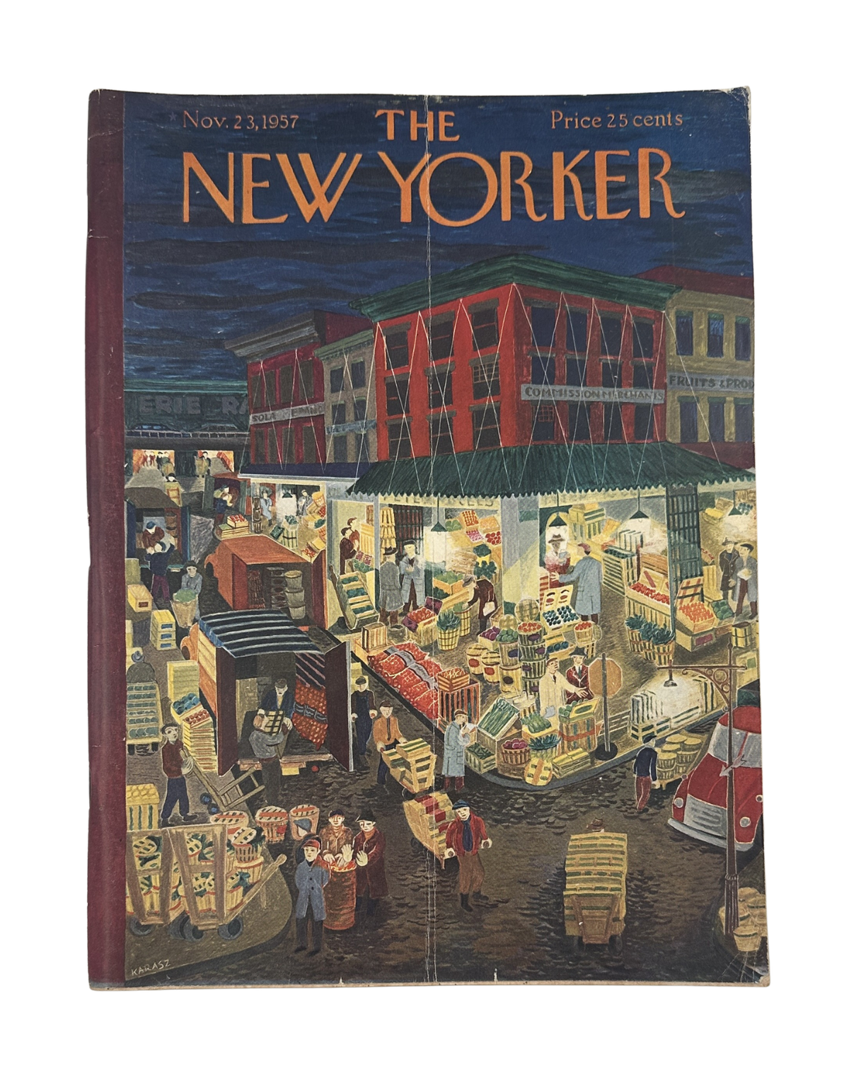 The New Yorker Magazine November 23, 1957 Produce Market Ilonka Karasz Cover, featuring an illustrated urban produce market scene beneath the historic New Yorker masthead.
