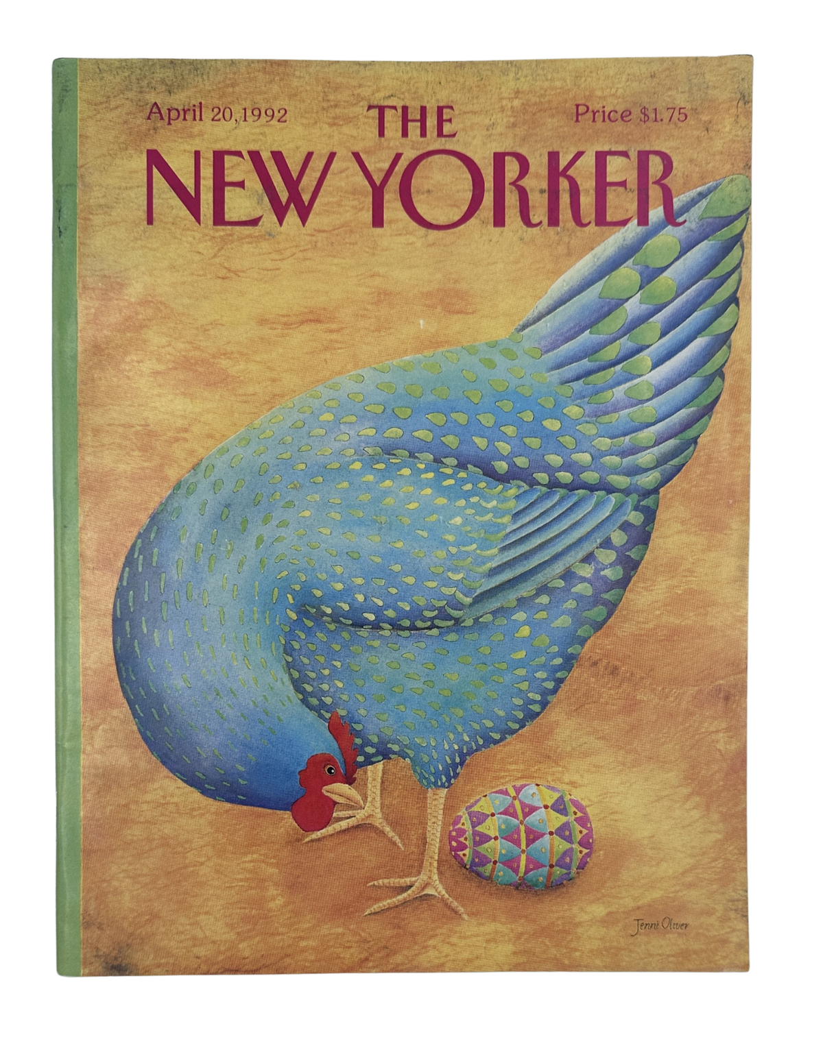 The New Yorker Magazine April 20, 1992 Blue Hen Painted Egg Jenni Oliver Cover featuring an illustrated blue hen beside a colorful painted Easter egg.