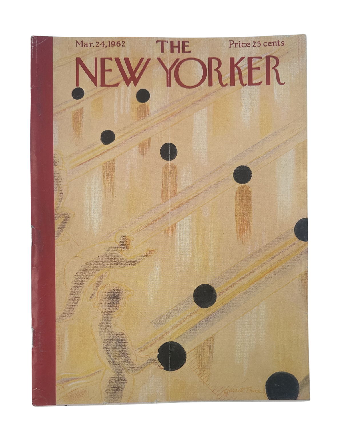 The New Yorker Magazine March 24, 1962 Bowling Alley Garrett Price Cover, featuring vintage bowling alley artwork with black bowling balls and pins.