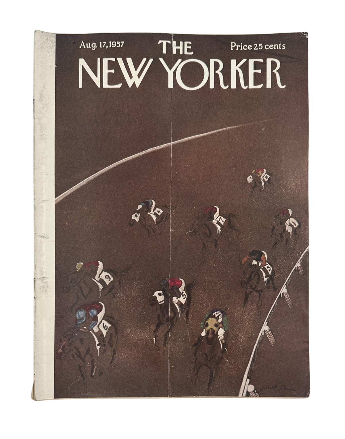The New Yorker Magazine August 17, 1957 Horse Race Garrett Price Cover, vintage magazine featuring an illustrated overhead view of jockeys and horses racing on a track.