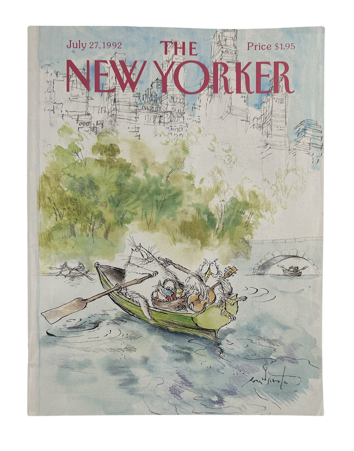 The New Yorker Magazine July 27, 1992 Rowboat Animals City Park Ronald Searle Cover, featuring illustrated animals in a rowboat on a city park lake