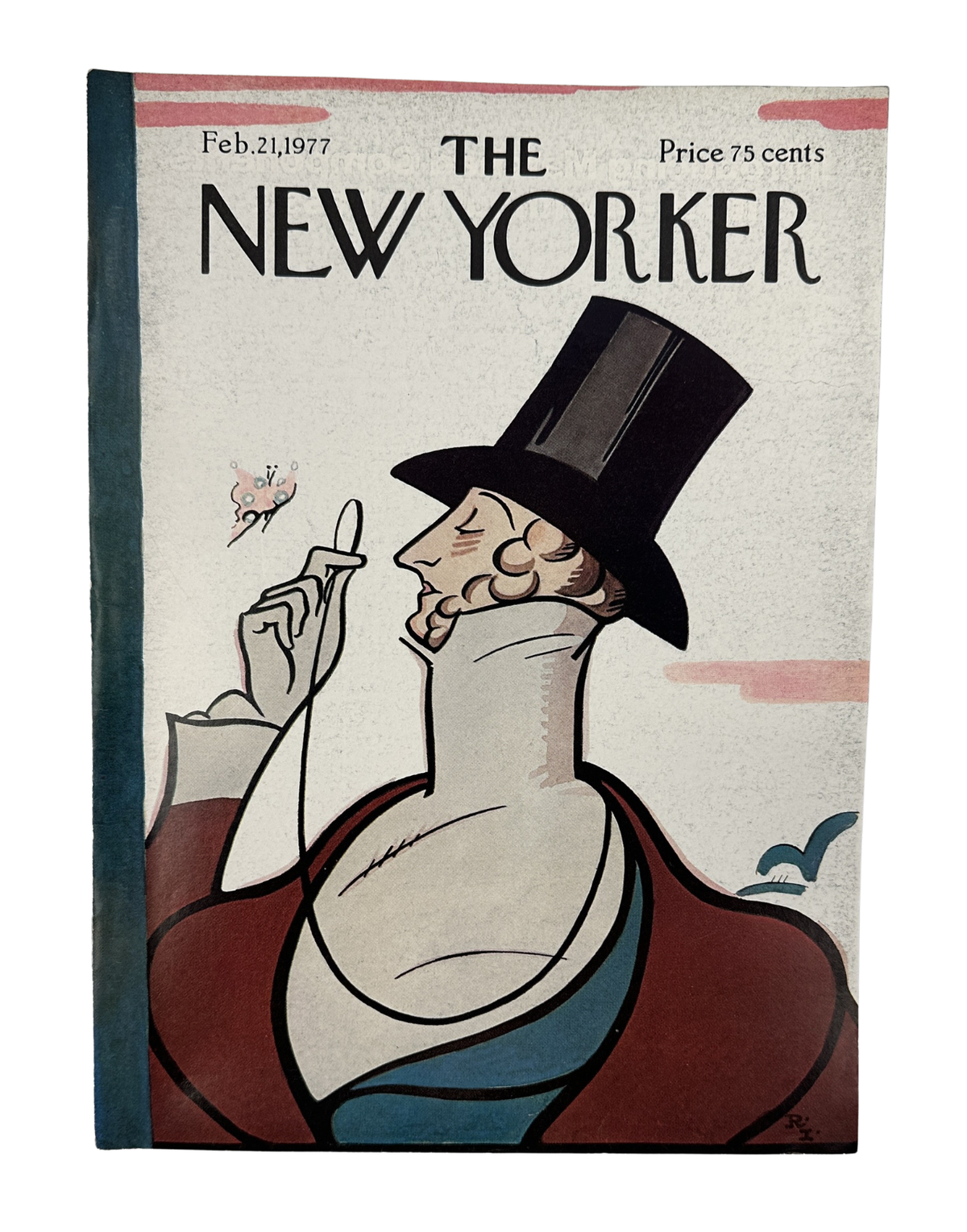 The New Yorker Magazine February 21, 1977 Eustace Tilley Butterfly Rea Irvin Cover, featuring Eustace Tilley in a top hat examining a butterfly on the vintage magazine front cover