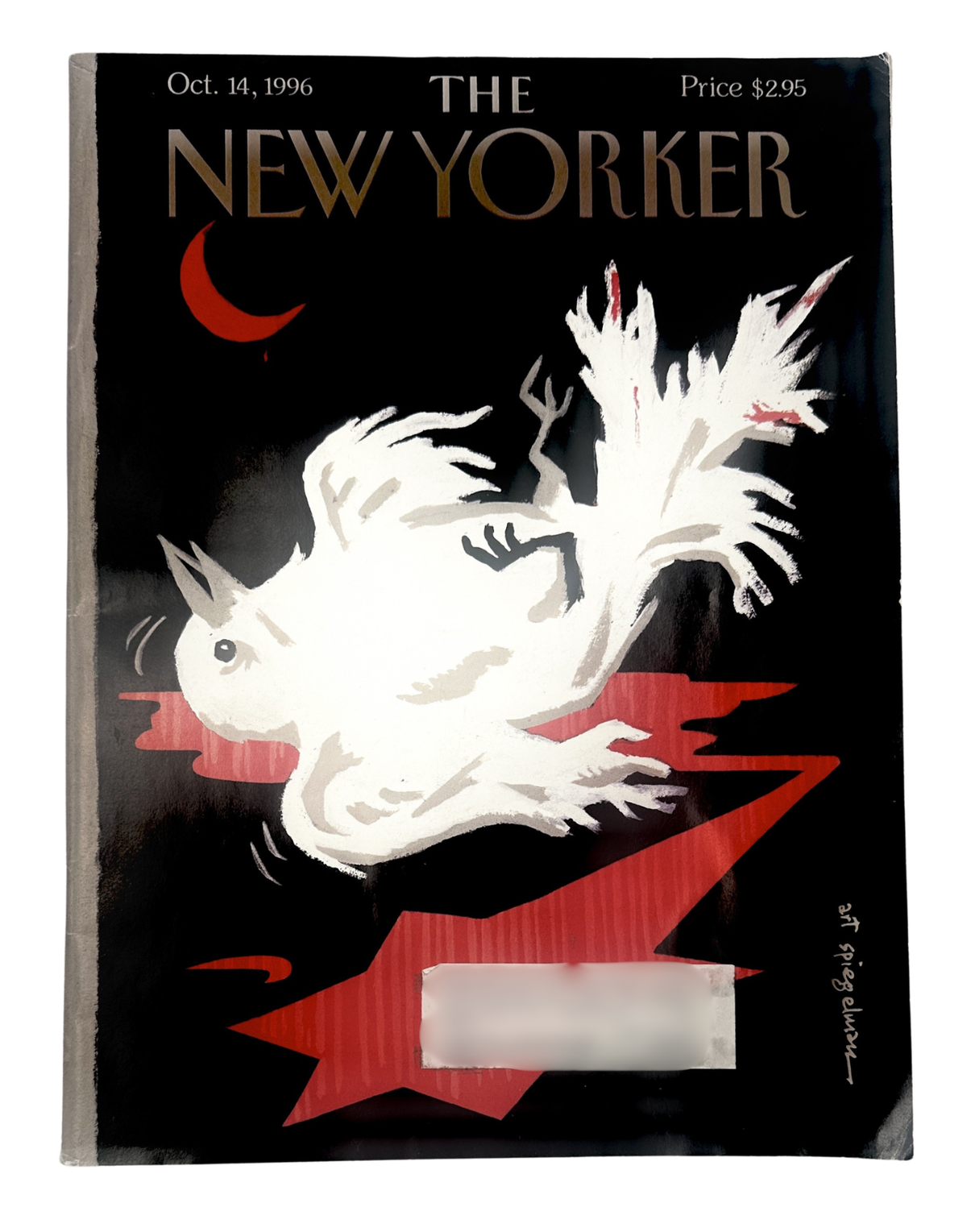 The New Yorker Magazine October 14, 1996 White Dove Art Spiegelman Cover, featuring a white dove illustration on a black background with red accents.