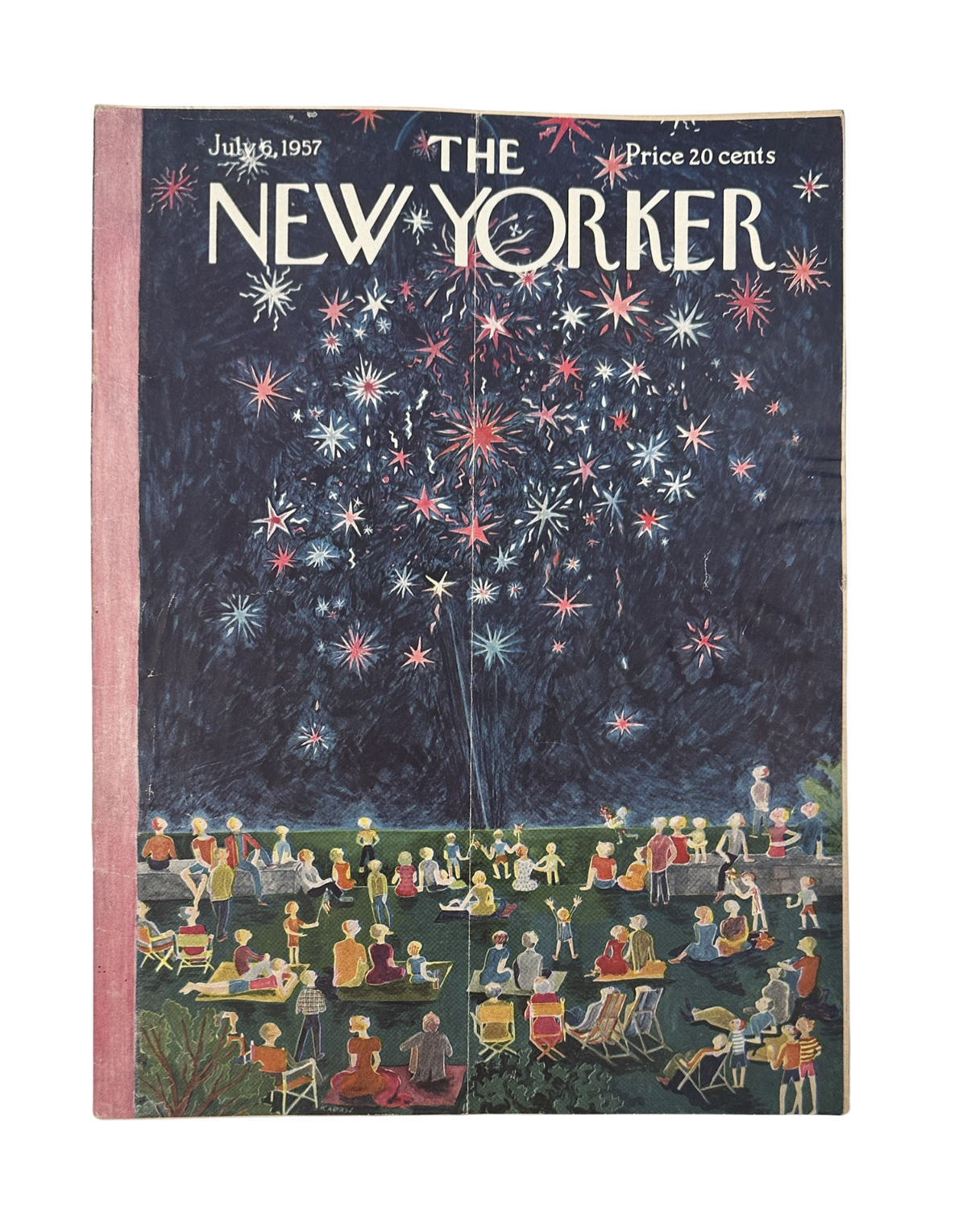 The New Yorker Magazine July 6, 1957 Fireworks Display Ilonka Karasz Cover, featuring a colorful nighttime fireworks display over a gathered outdoor crowd.