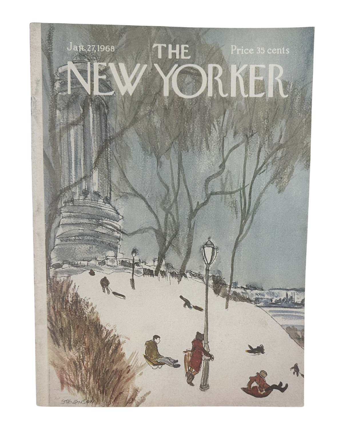The New Yorker Magazine January 27, 1968 Snow Park James Stevenson Cover VG, featuring a snowy park scene with people sledding and walking.