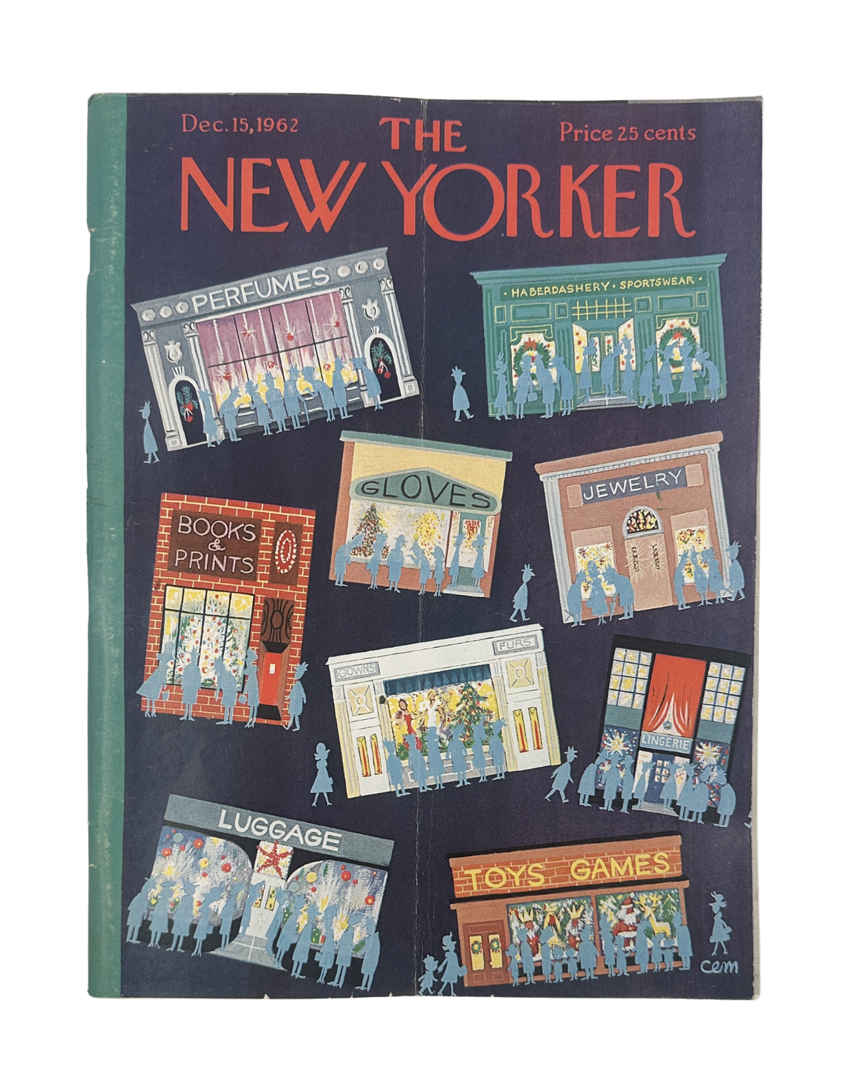 The New Yorker Magazine December 15, 1962 Christmas Shopping Charles Martin Cover, complete vintage magazine front cover featuring illustrated holiday shoppers and department store displays.