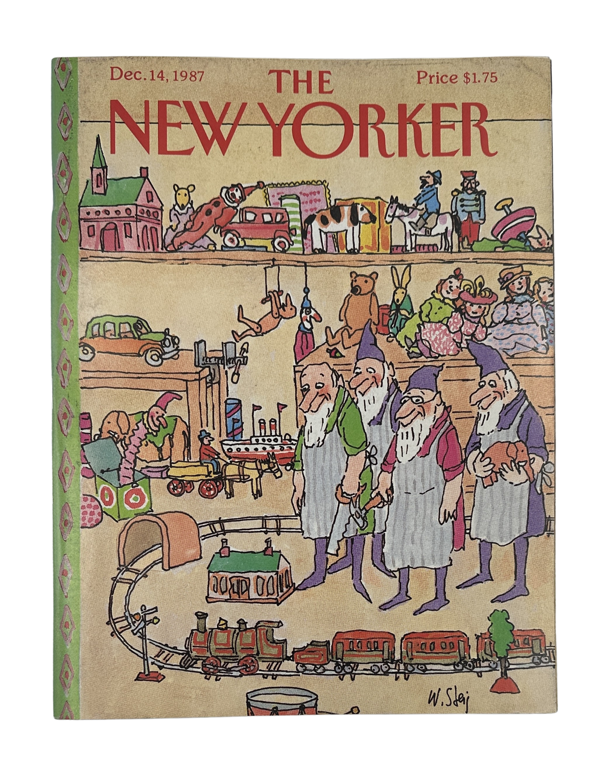 The New Yorker Magazine December 14, 1987 Toy Workshop Train William Steig Cover VG, featuring a colorful illustrated toy workshop scene with trains, toys, children, and toy makers.