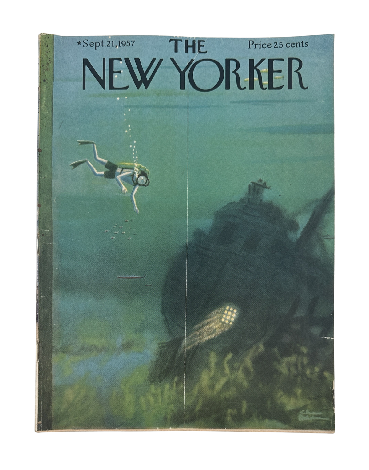 The New Yorker Magazine September 21, 1957 Scuba Diver Shipwreck Charles Addams Cover, showing a vintage underwater illustration of a scuba diver exploring a sunken ship.