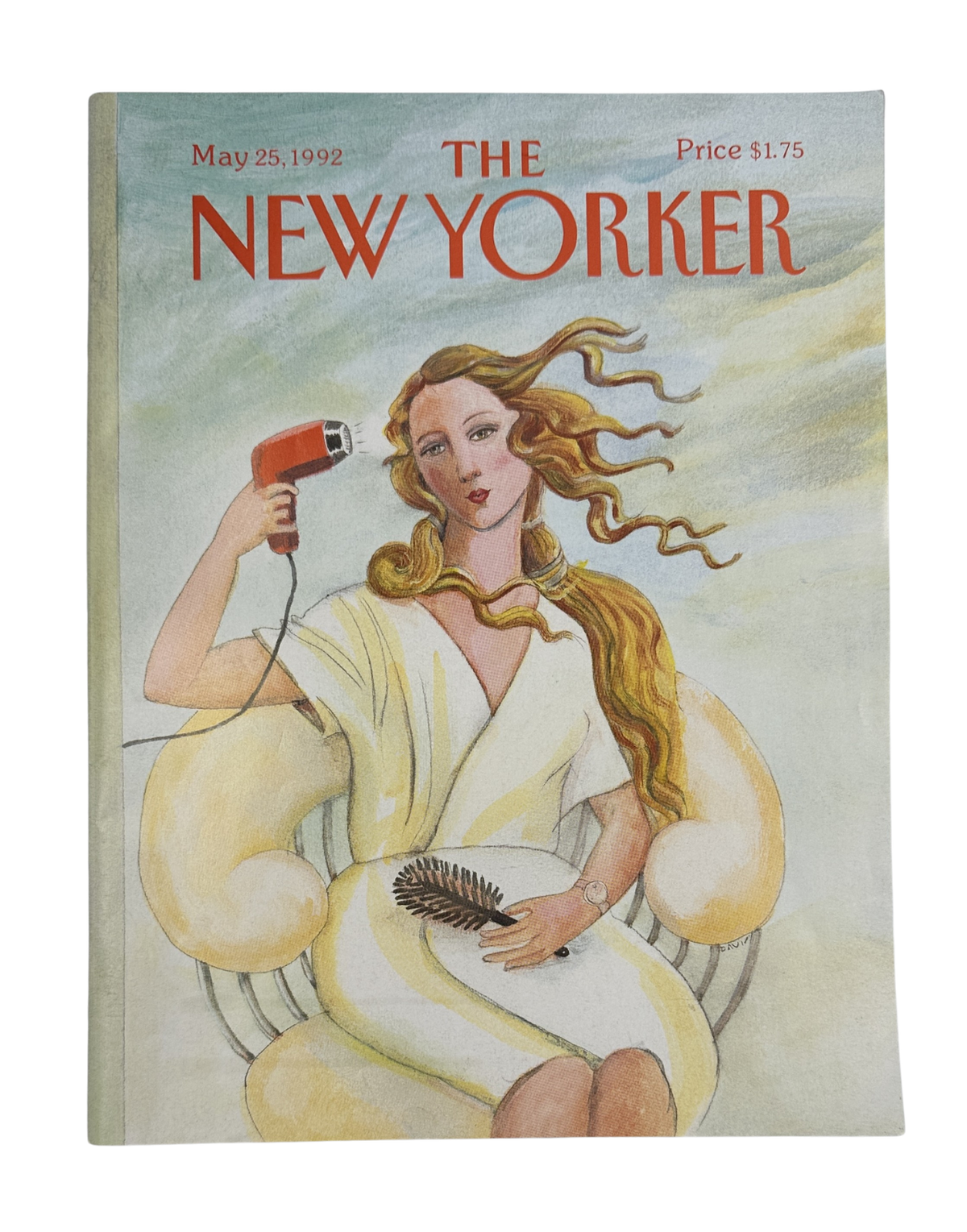 The New Yorker Magazine May 25, 1992 Woman Hair Dryer Susan Davis Cover, featuring an illustrated woman using a red hair dryer while brushing her long hair.