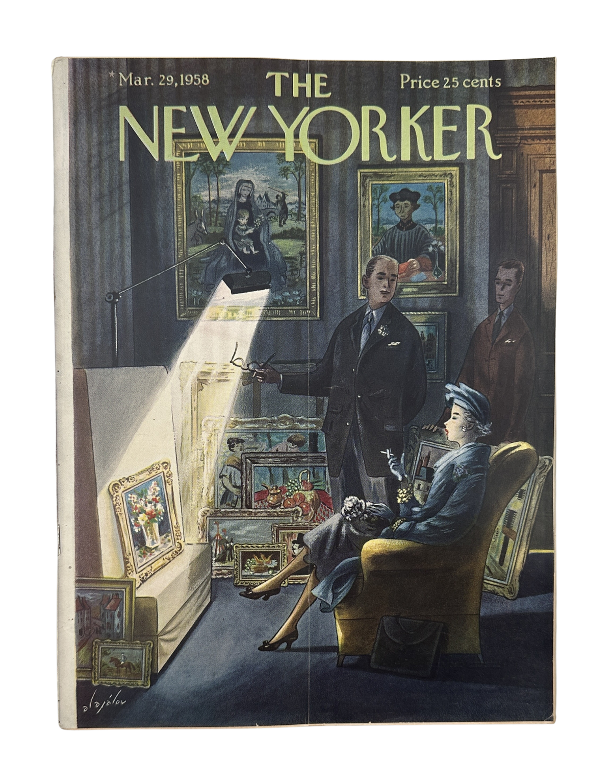 The New Yorker Magazine March 29, 1958 Art Gallery Constantin Aladjalov Cover featuring an illustrated art gallery scene with seated visitors and framed paintings