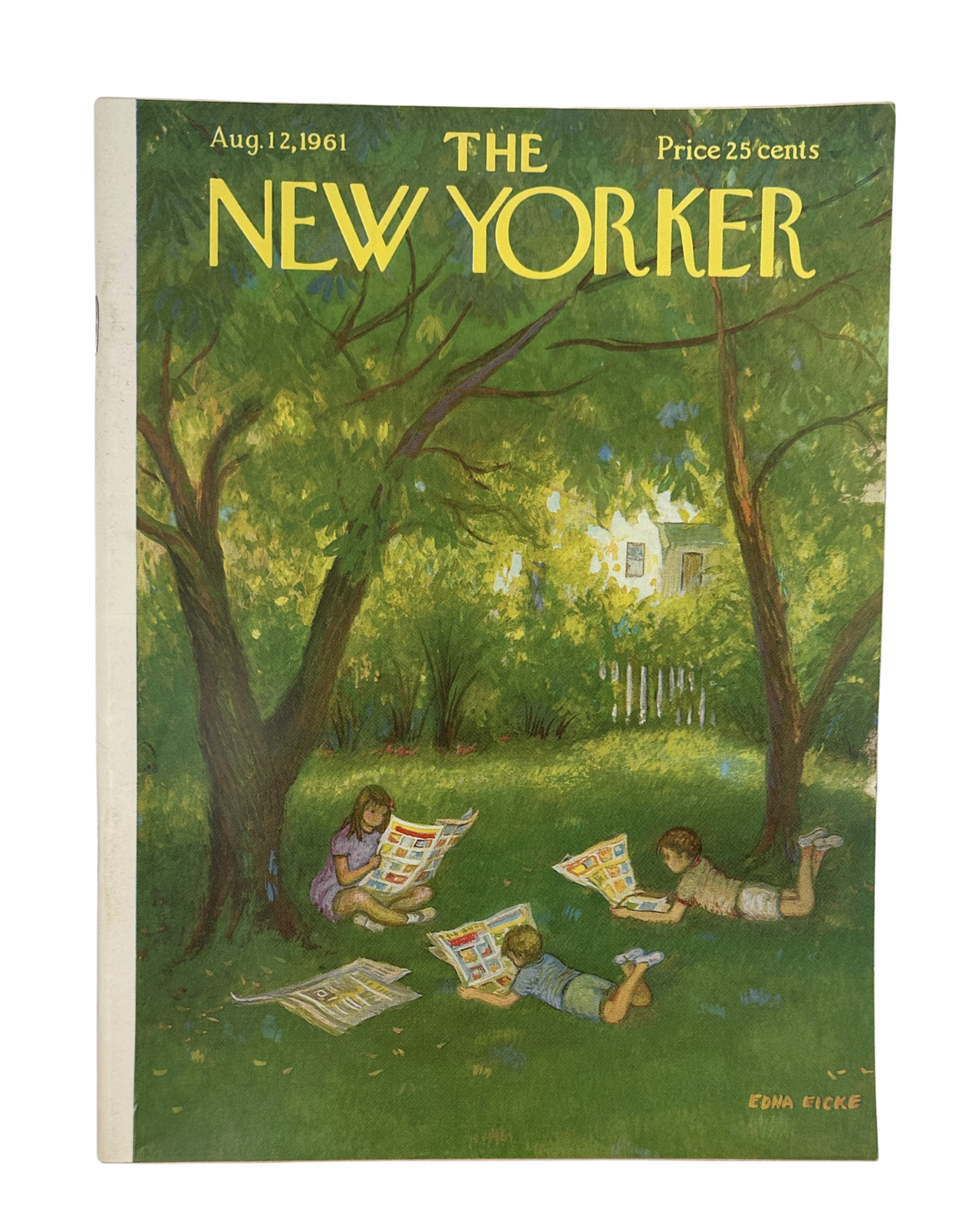The New Yorker Magazine August 12, 1961 Children Reading Under Tree Edna Eicke Cover VG, showing the illustrated cover with three children reading newspapers beneath trees.