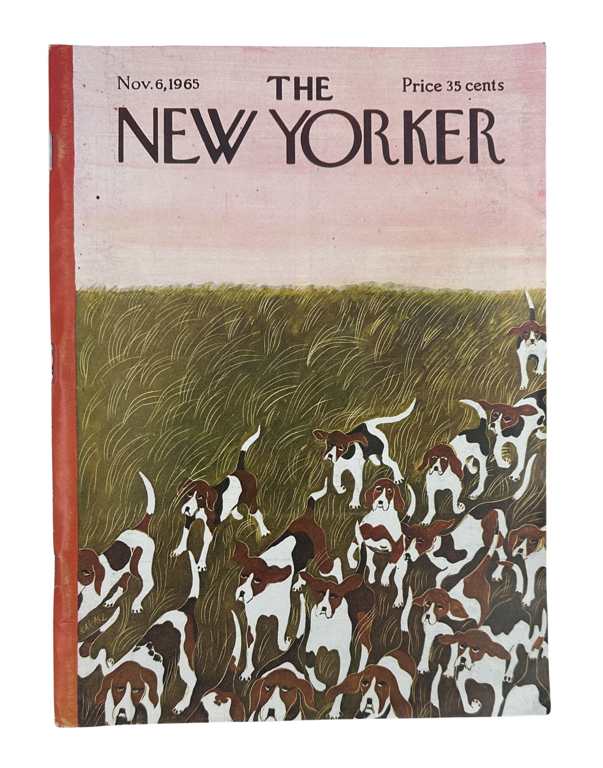 The New Yorker Magazine November 6, 1965 Hunting Dogs Field Ilonka Karasz Cover, featuring a pack of hunting dogs running through a grassy field.