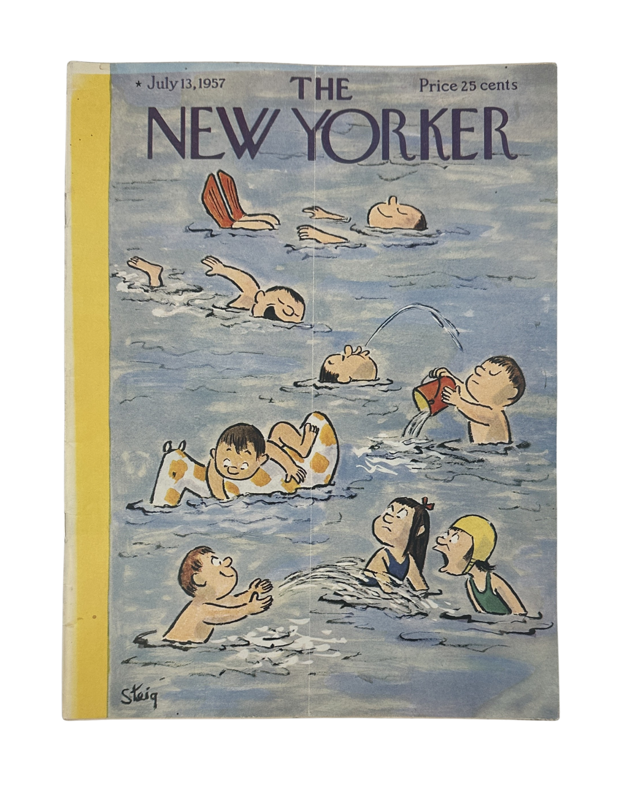 The New Yorker Magazine July 13, 1957 Swimming Children William Steig Cover featuring a vintage illustrated swimming scene by William Steig.