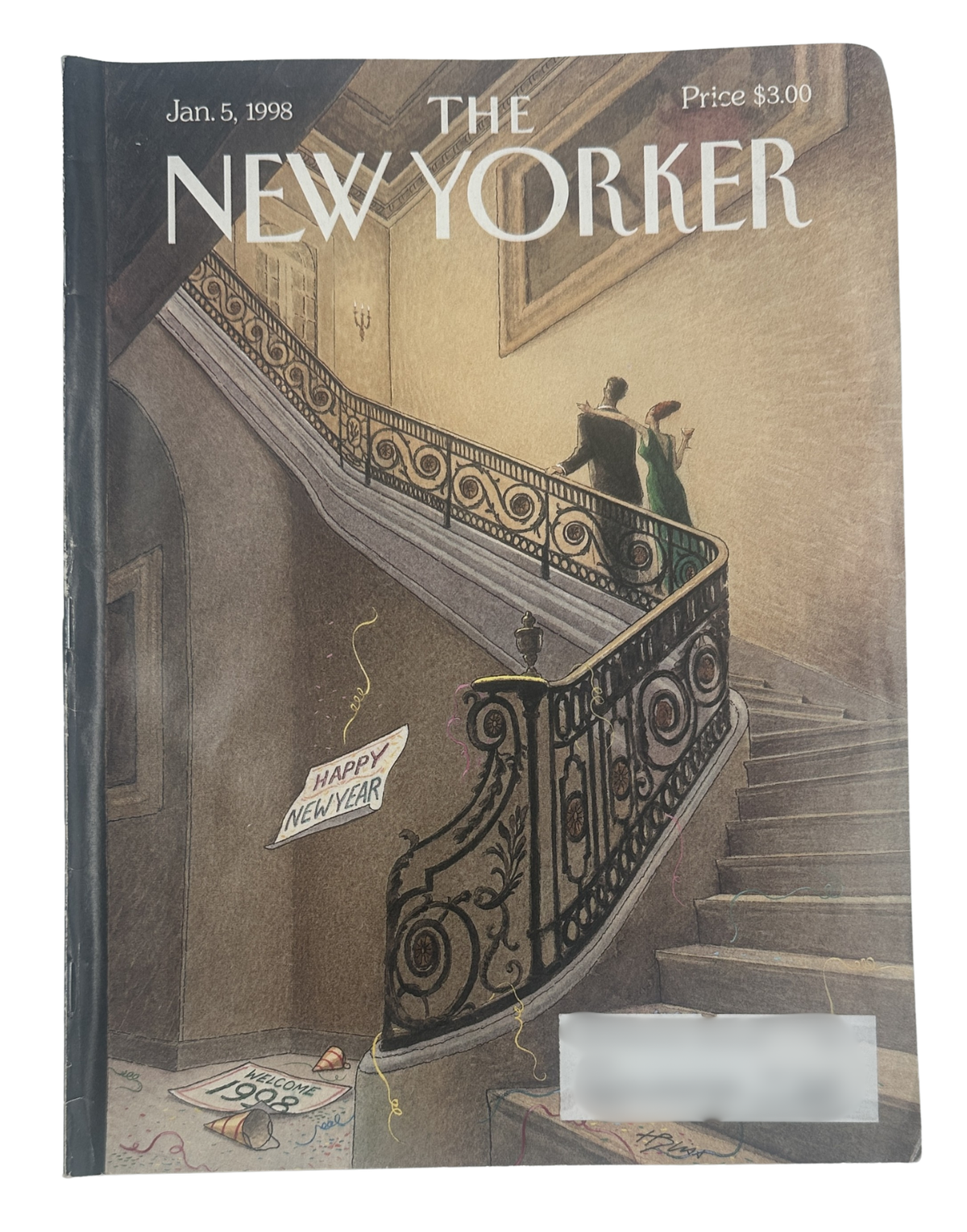 The New Yorker Magazine January 5, 1998 New Year Staircase Harry Bliss Cover, featuring an illustrated staircase and New Year decorations.