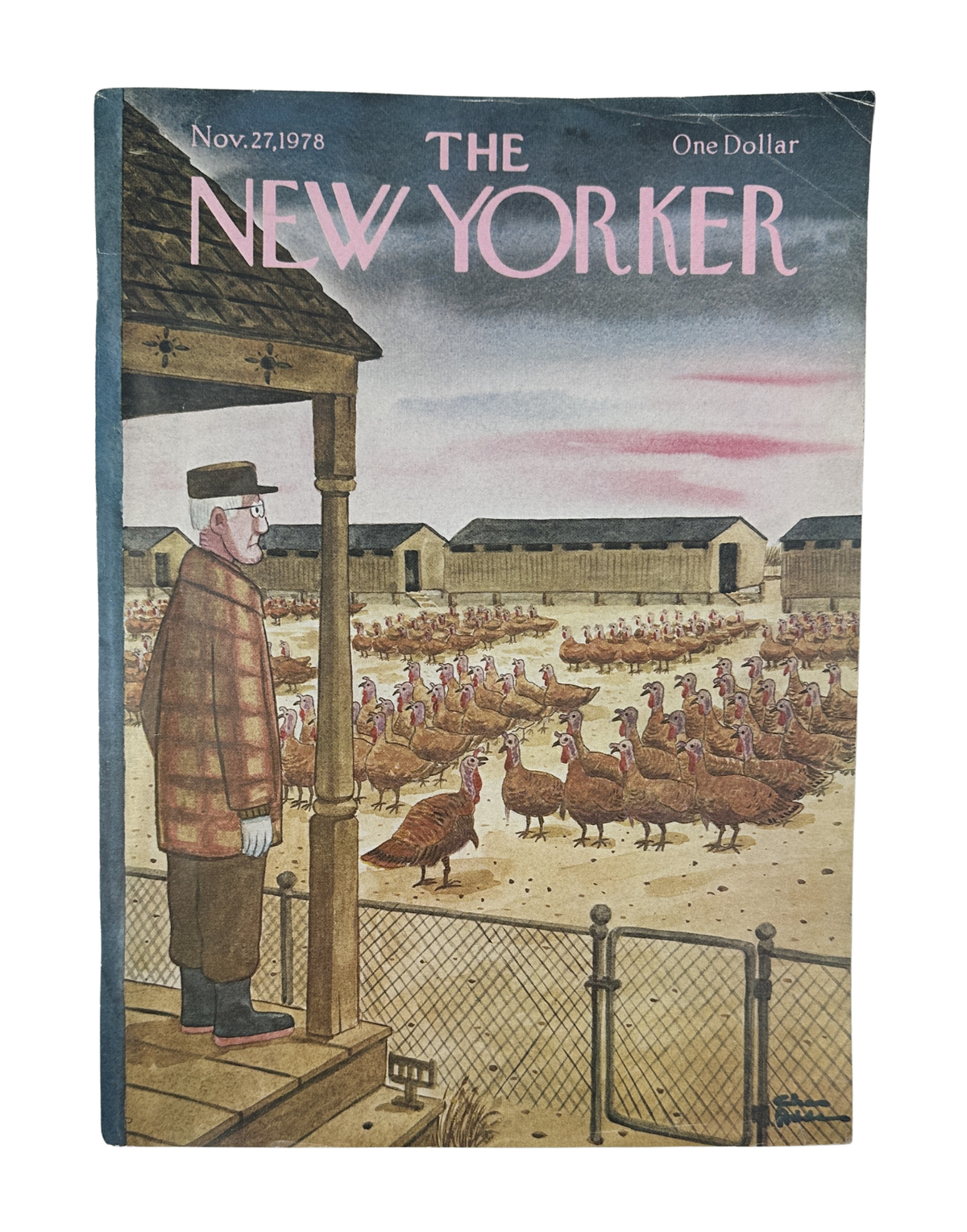 The New Yorker Magazine November 27, 1978 Turkey Farm Charles Addams Cover, featuring a farmer watching a flock of turkeys at a farm beneath a pink evening sky.