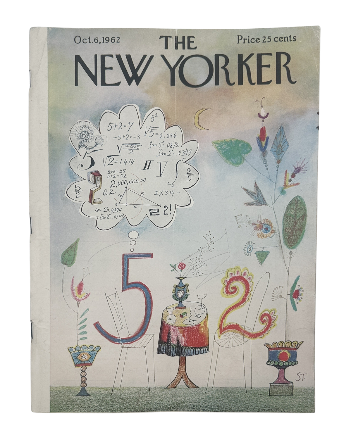 The New Yorker Magazine October 6, 1962 Math Numbers Chairs Saul Steinberg Cover featuring a colorful illustrated cover with large numbers, mathematical sketches, chairs, and decorative objects.