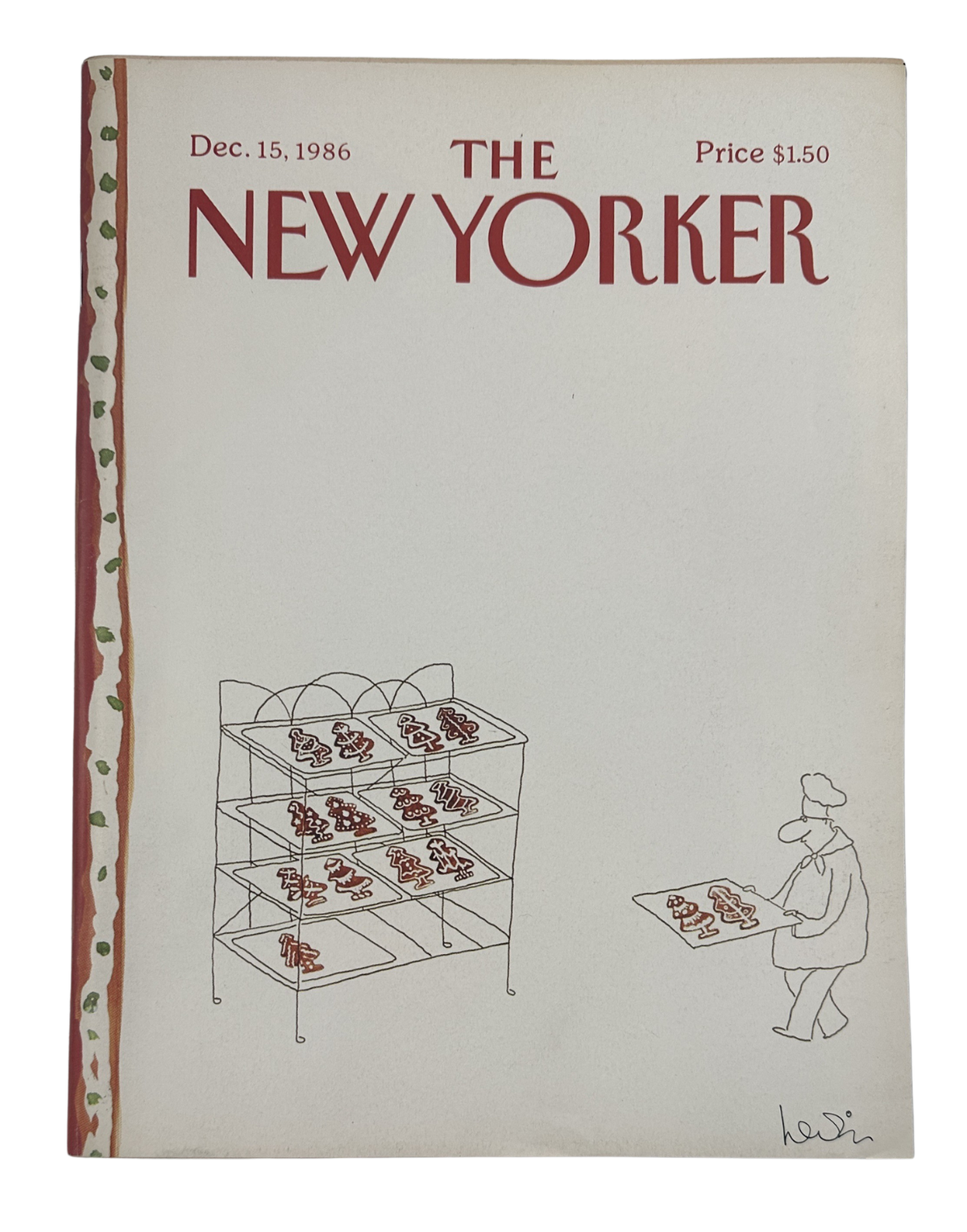The New Yorker Magazine December 15, 1986 Christmas Cookie Baker Arnie Levin Cover VG, featuring a line drawing of a baker holding a tray of cookies beside a multi-tiered cookie display rack.