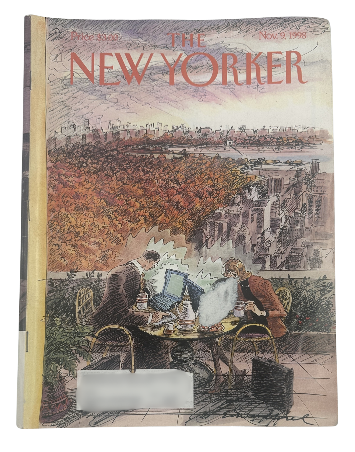 The New Yorker Magazine November 9, 1998 Central Park Early Birds Edward Sorel Cover, featuring an illustrated autumn scene of people dining outdoors in Central Park with colorful trees and a city skyline.