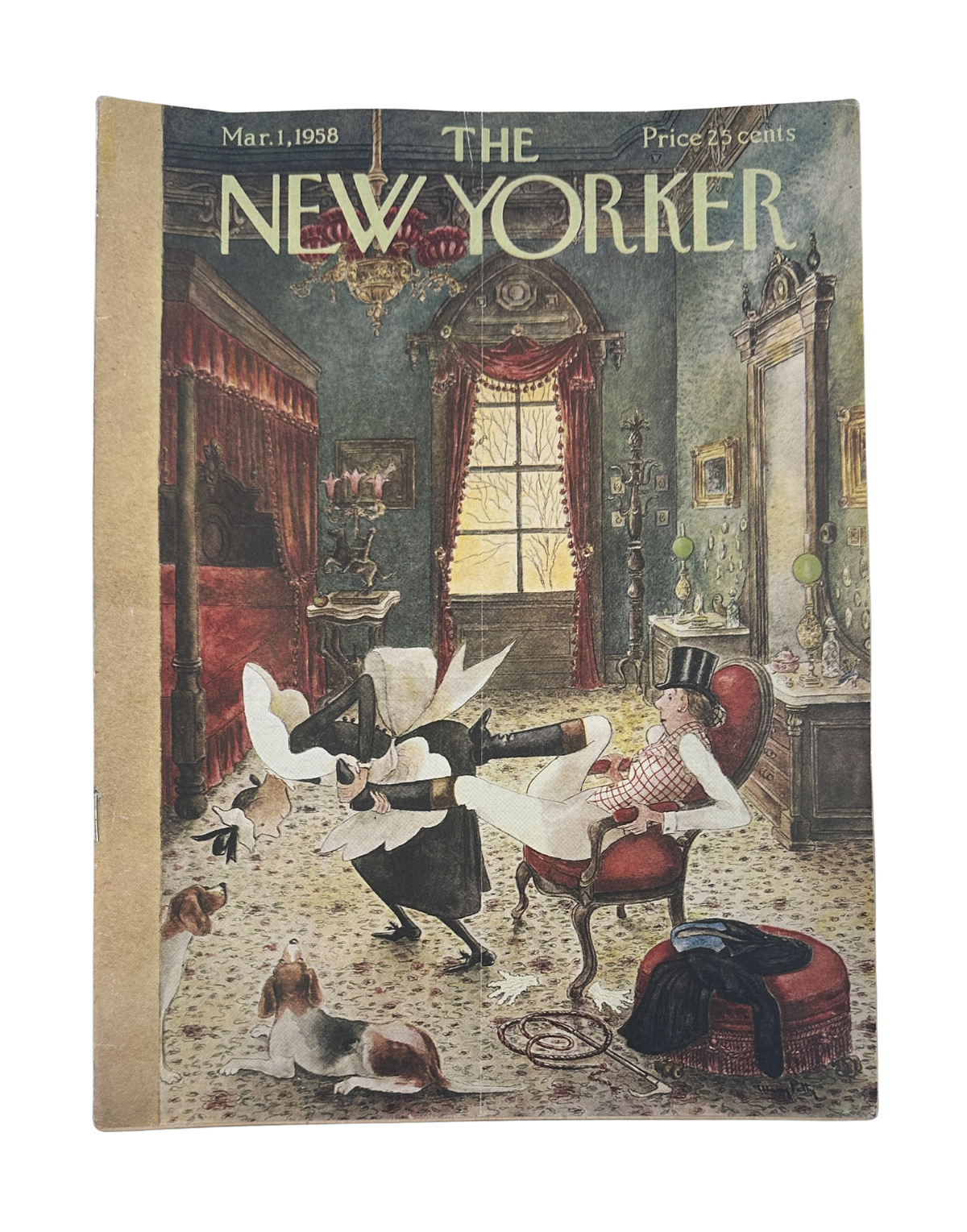 The New Yorker Magazine March 1, 1958 Bedroom Dogs Mary Petty Cover, featuring dogs playfully tumbling in an elegant bedroom interior.