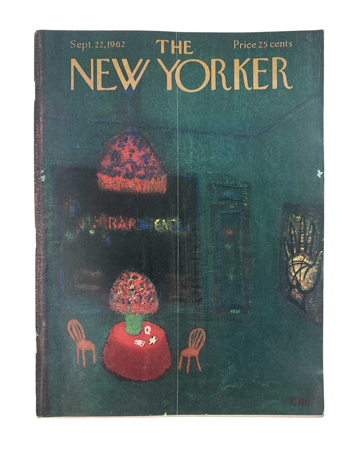 The New Yorker Magazine September 22, 1962 Card Table Floral Lamp Robert Kraus Cover, vintage illustrated front cover showing a dimly lit interior with card tables and a floral lamp.