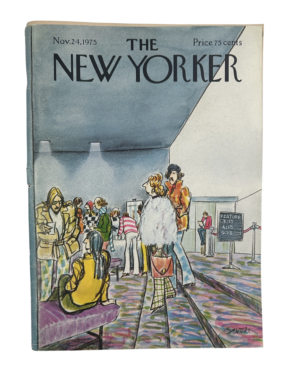 The New Yorker Magazine November 24, 1975 Movie Theater Lobby Charles Saxon Cover, showing illustrated theater lobby scene with moviegoers and colorful patterned carpet.