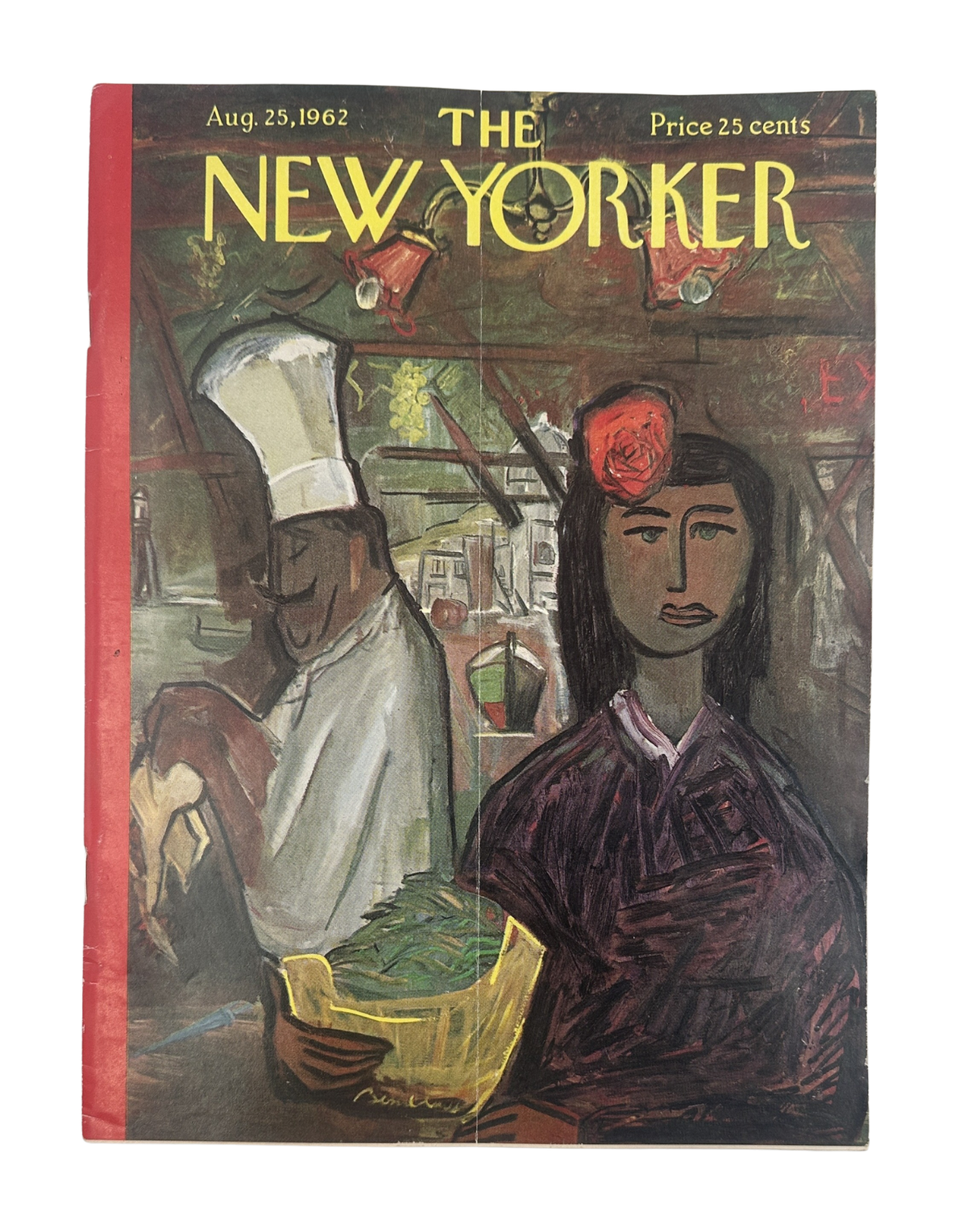 The New Yorker Magazine August 25, 1962 Chef Woman Produce Basket Ludwig Bemelmans cover featuring a chef and woman carrying a produce basket