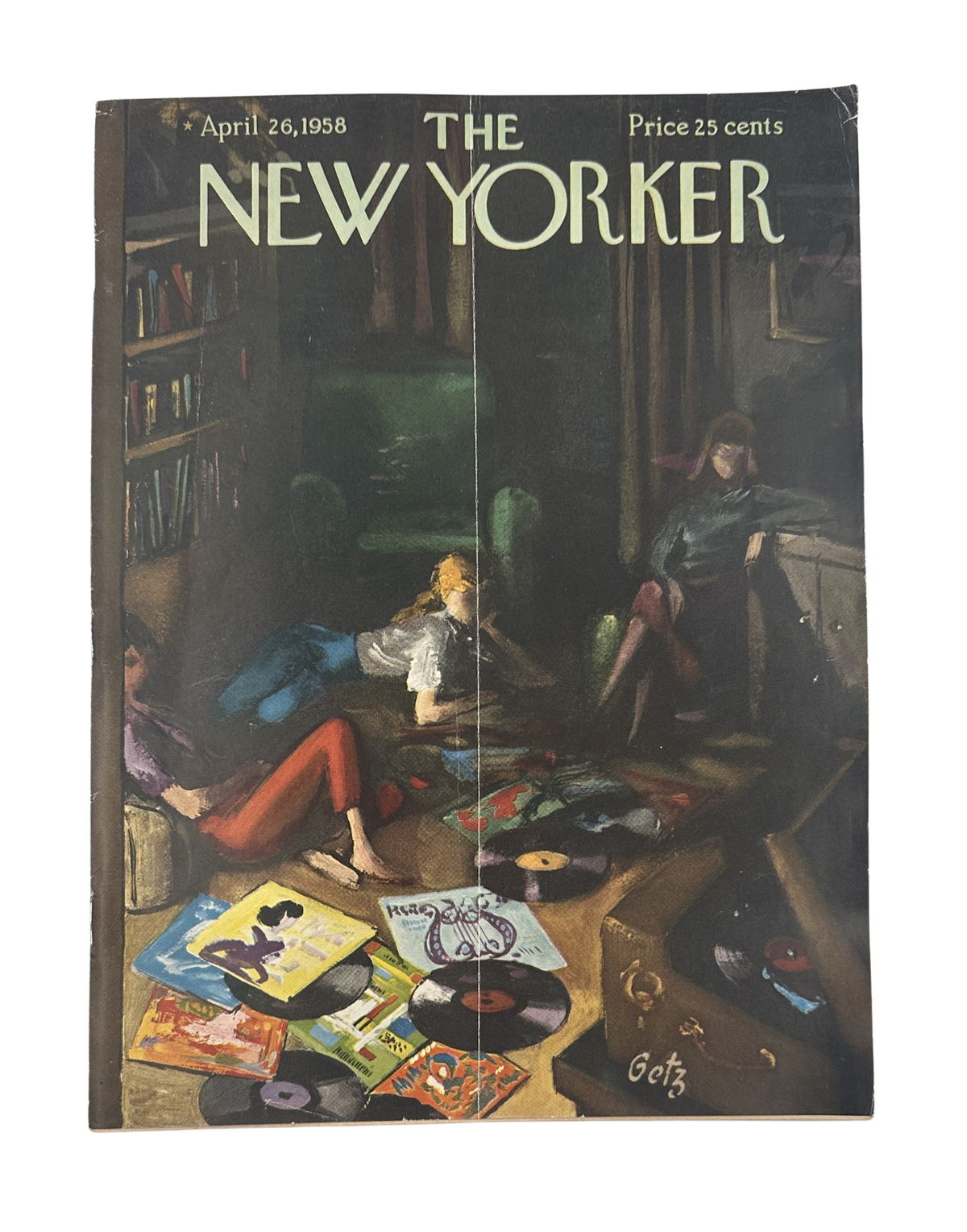 The New Yorker Magazine April 26, 1958 Teen Music Records Arthur Getz Cover, featuring a vintage room scene with teenagers, vinyl records, books, and musical artwork.