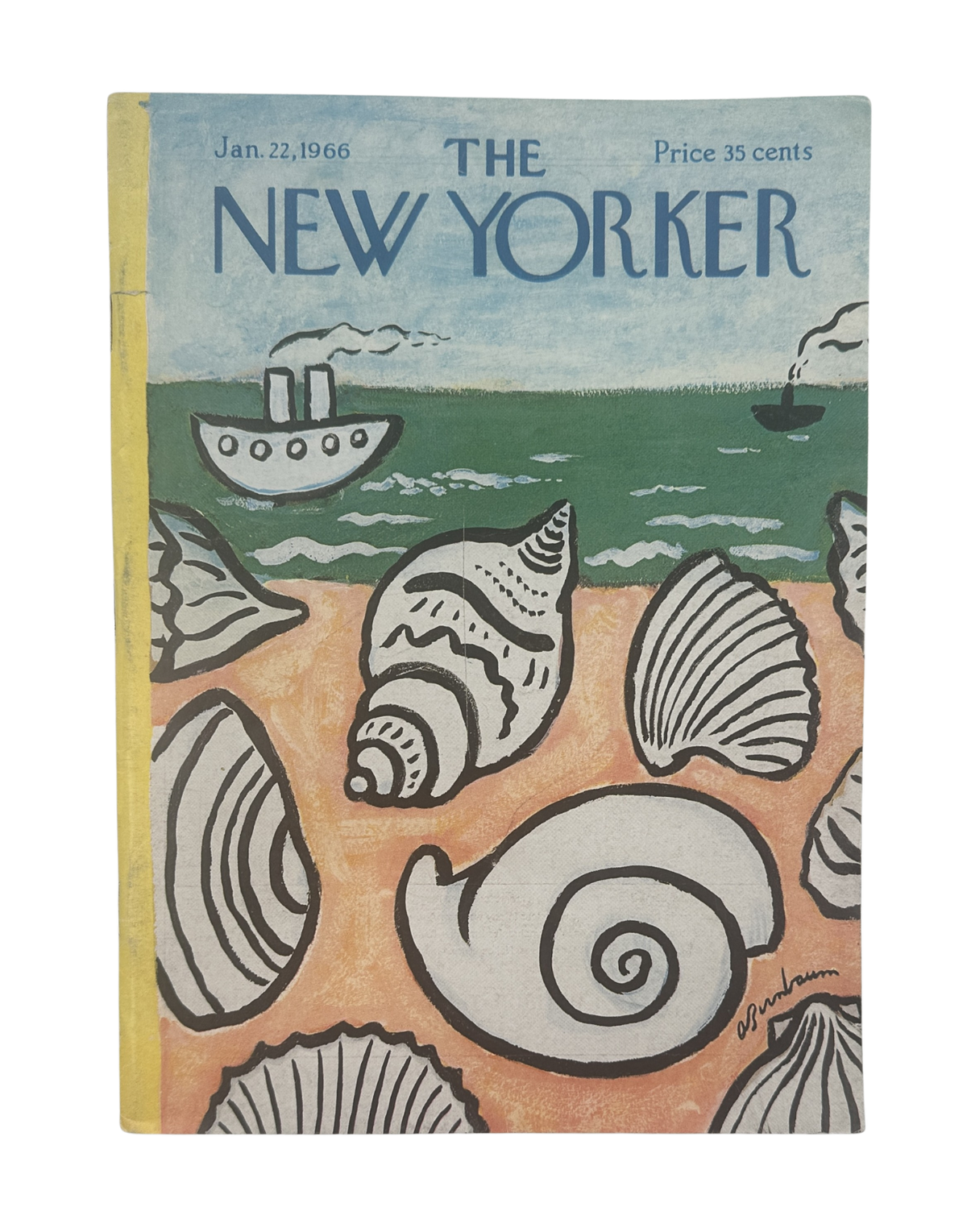 The New Yorker Magazine January 22, 1966 Seashell Beach Abe Birnbaum Cover VG, featuring a colorful seashell beach illustration with boats and The New Yorker masthead.