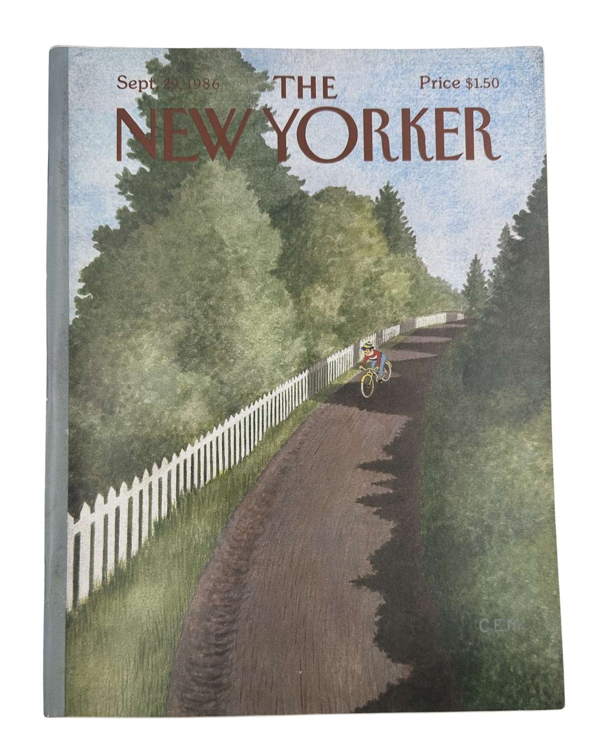 The New Yorker Magazine September 29, 1986 Country Bicycle Ride Charles Martin Cover VG, featuring a cyclist riding along a tree-lined country lane beside a white picket fence.