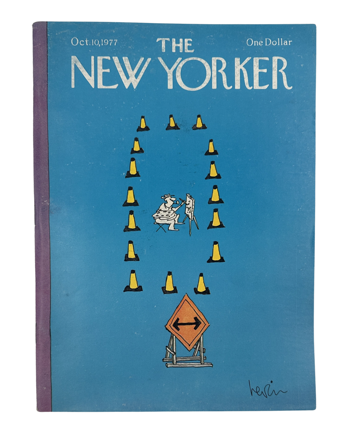The New Yorker Magazine October 10, 1977 Roadwork Traffic Cones Painter Arnie Levin, vintage blue cover featuring a roadwork illustration with traffic cones and construction sign.
