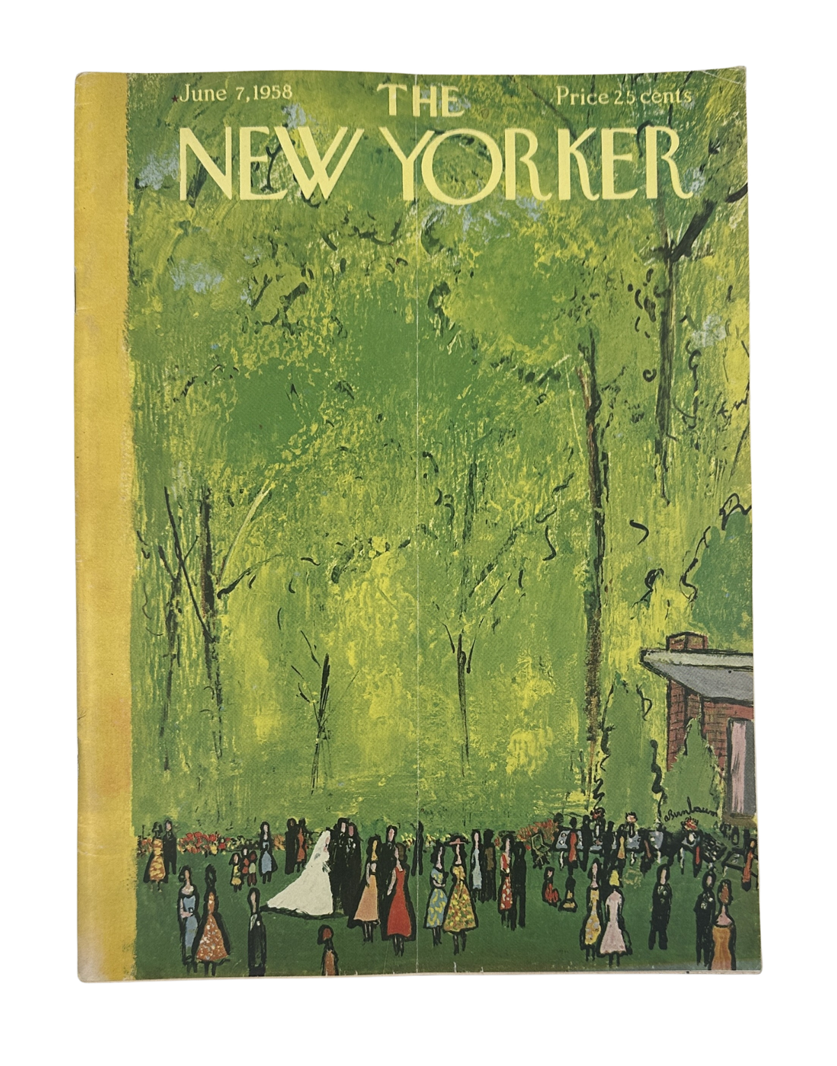 The New Yorker Magazine June 7, 1958 Garden Wedding Abe Birnbaum Cover featuring a garden wedding scene beneath tall green trees.