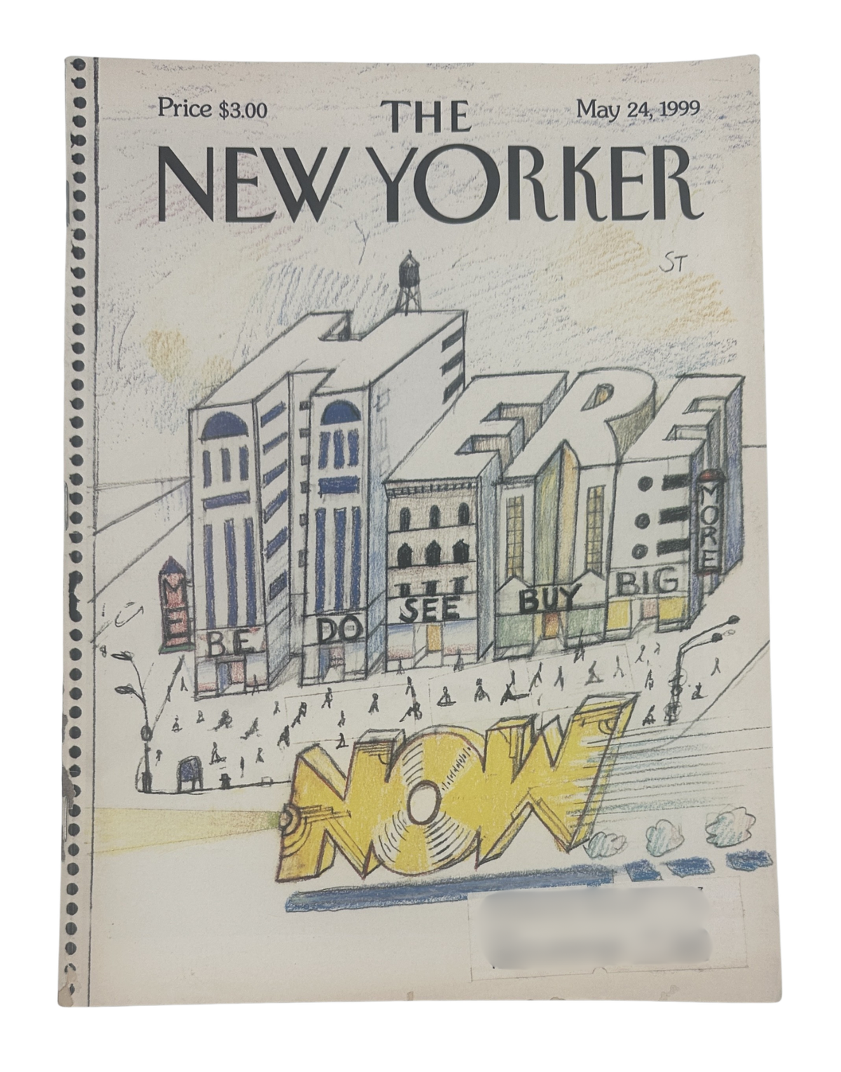 The New Yorker Magazine May 24, 1999 Here Now Saul Steinberg Cover, featuring an illustrated city street scene with buildings spelling “The New Yorker” and a large yellow abstract figure.