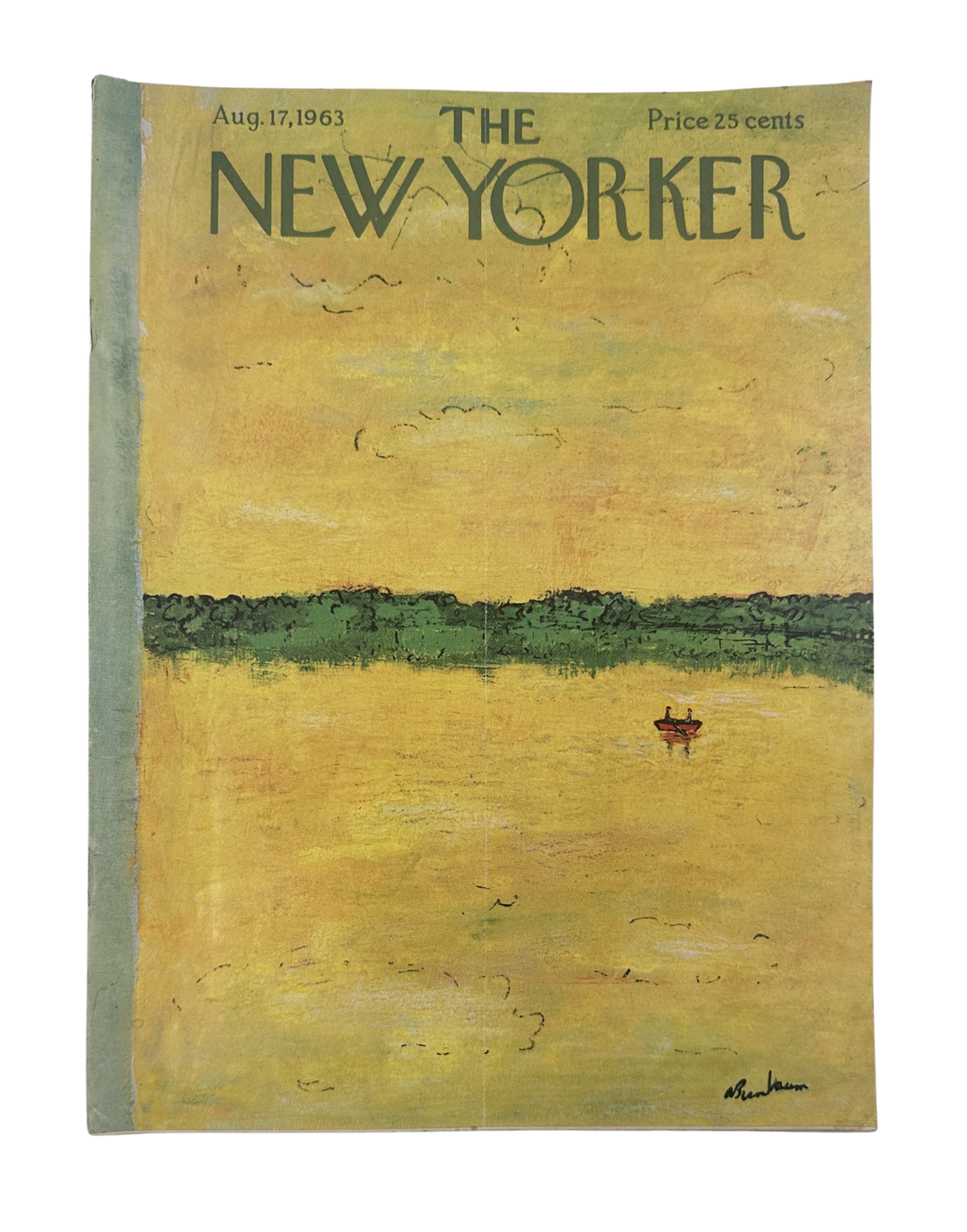 The New Yorker Magazine August 17, 1963 Rowboat Golden Lake Landscape Abe Birnbaum, vintage magazine cover featuring a small rowboat on a golden lake beneath a tree-lined horizon.