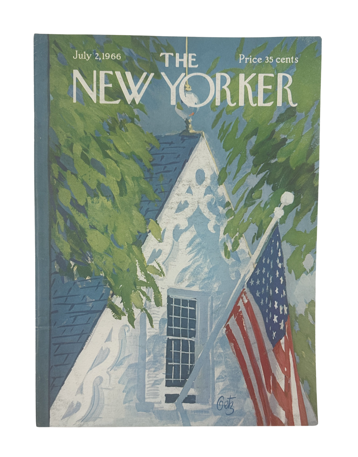 The New Yorker Magazine July 2, 1966 American Flag House Arthur Getz Cover VG, featuring an illustrated American flag outside a snow-covered house surrounded by trees.