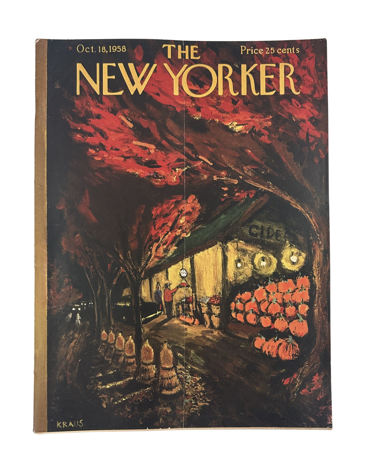 The New Yorker Magazine October 18, 1958 Cider Stand Robert Kraus Cover featuring a vintage autumn cider stand illustration and original cover artwork.
