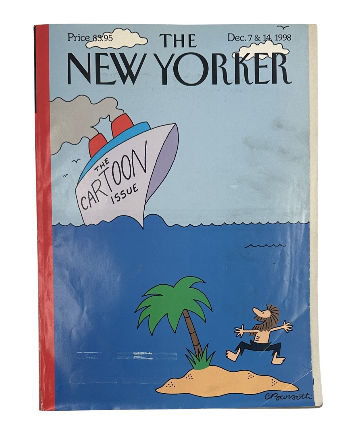 The New Yorker Magazine December 7, 1998 Cartoon Issue Desert Island Charles Barsotti Cover featuring a castaway on a desert island beneath a cartoon ship labeled The Cartoon Issue.
