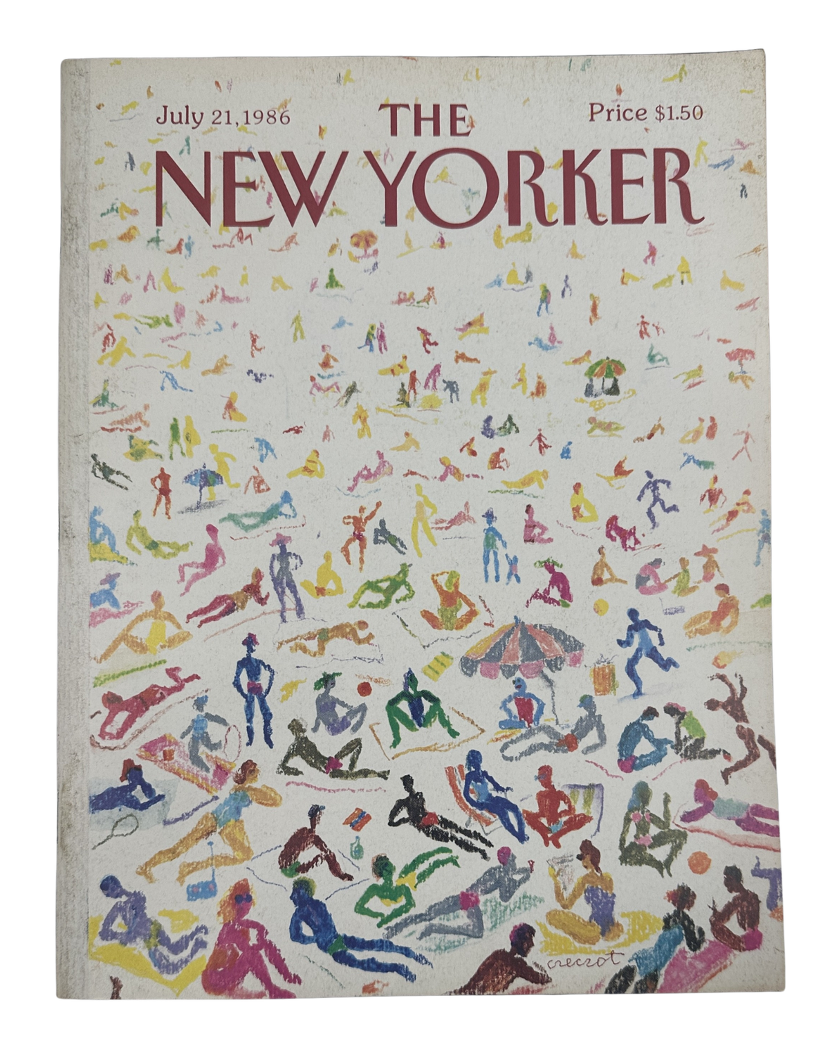 The New Yorker Magazine July 21, 1986 Summer Beach Crowd Andrzej Czeczot Cover VG, front cover featuring colorful illustrated beachgoers, umbrellas, and recreational activities.