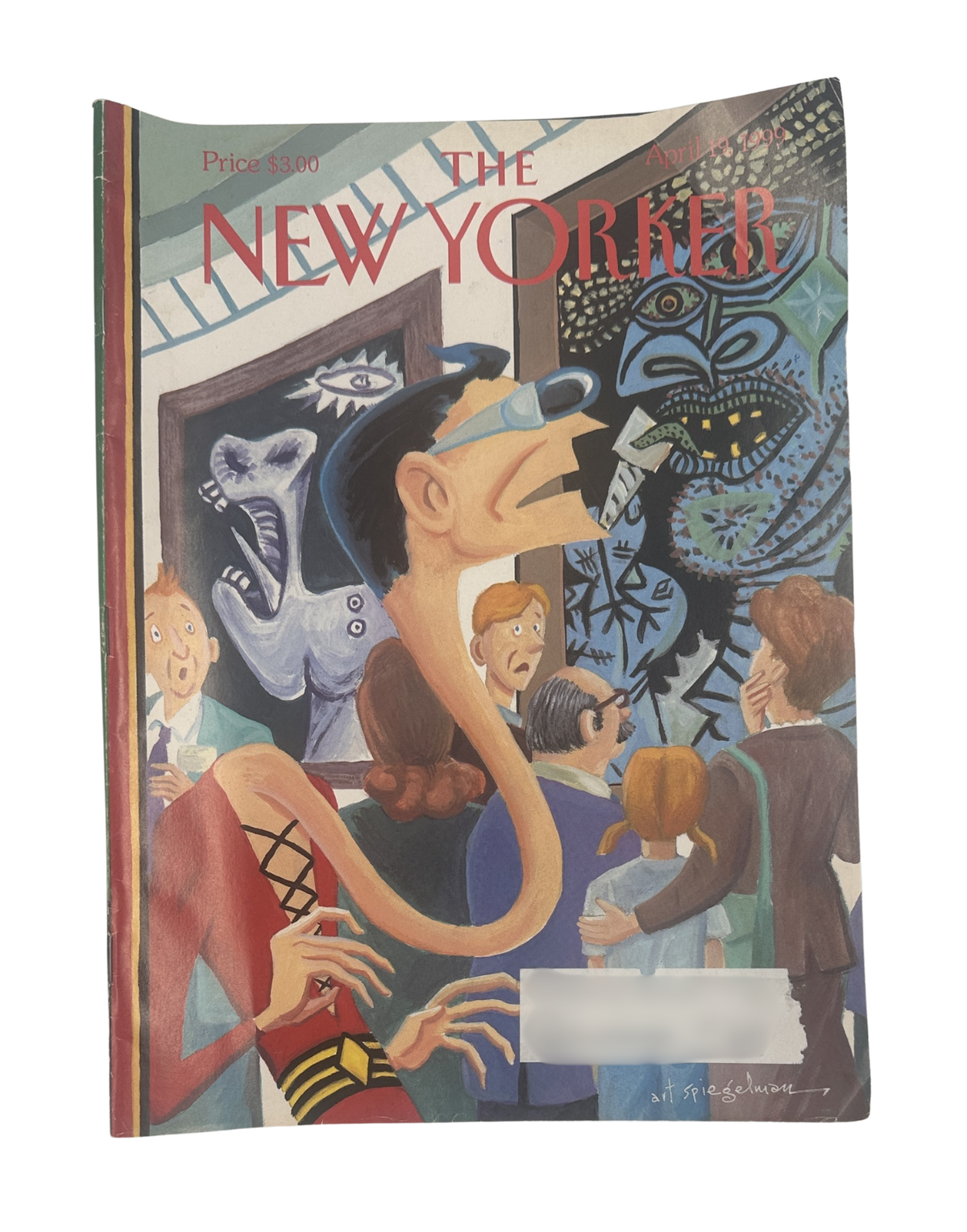 The New Yorker Magazine April 19, 1999 The Plastic Arts Art Spiegelman Cover, featuring a colorful illustrated art gallery scene with surreal figures and artwork.