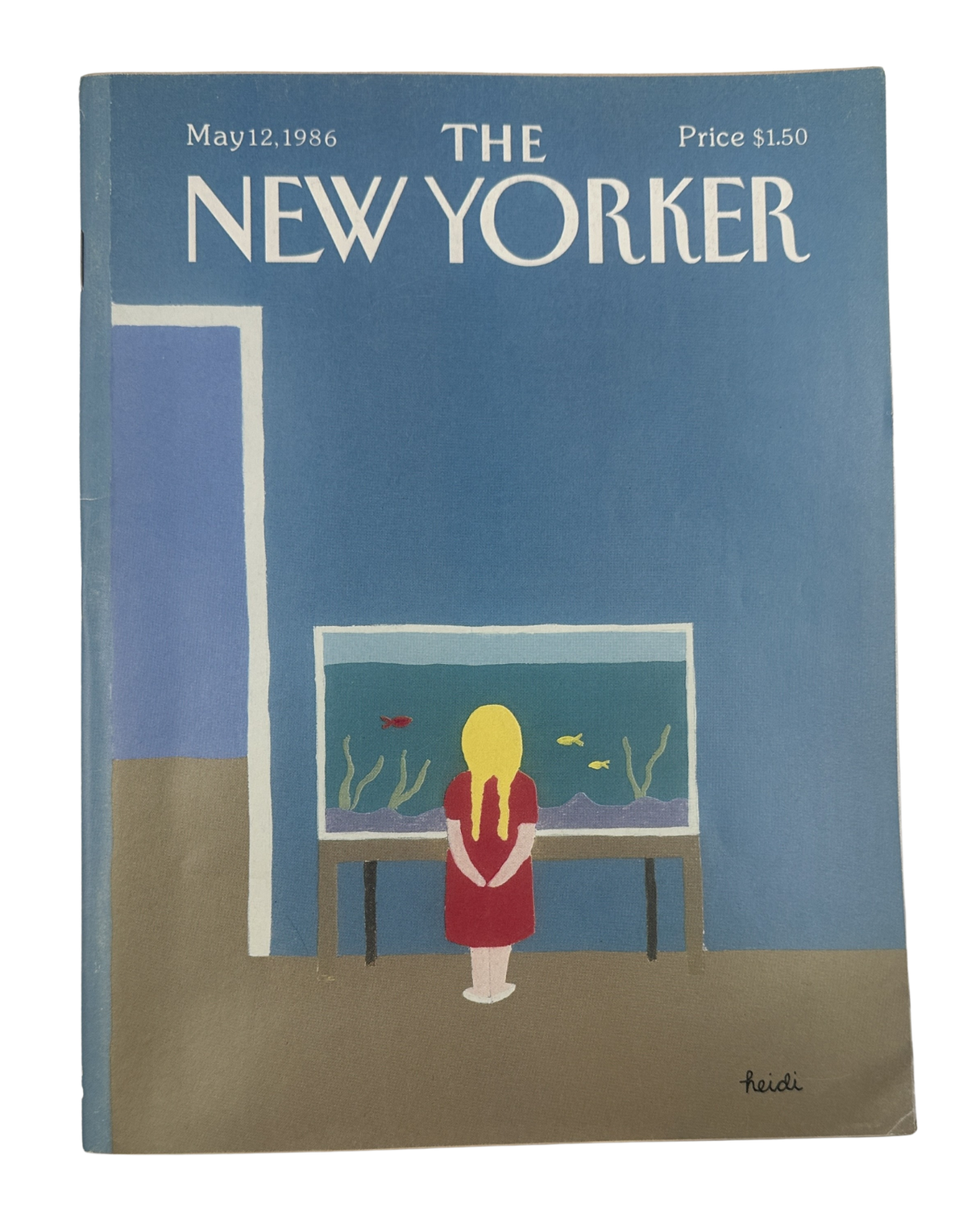 The New Yorker Magazine May 12, 1986 Aquarium Girl Heidi Goennel Cover VG, featuring a girl viewing a fish aquarium on the illustrated blue cover.